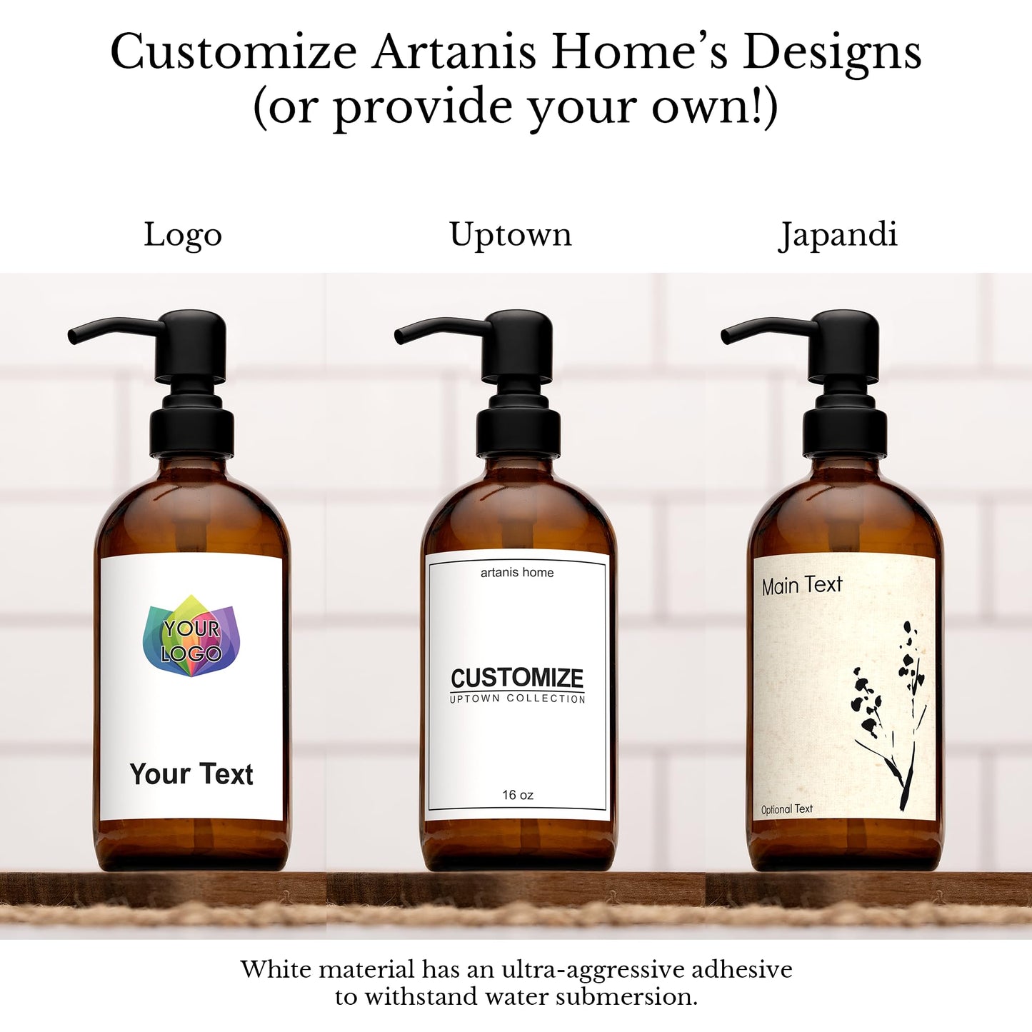 Artanis Home Customized Refillable Amber Glass Soap Dispenser Bottle, Personalized Label for Hand Soap, Dish Soap, Shampoo, etc., Pump Dispensers for Vacation Properties and Homes, Black Satin Steel