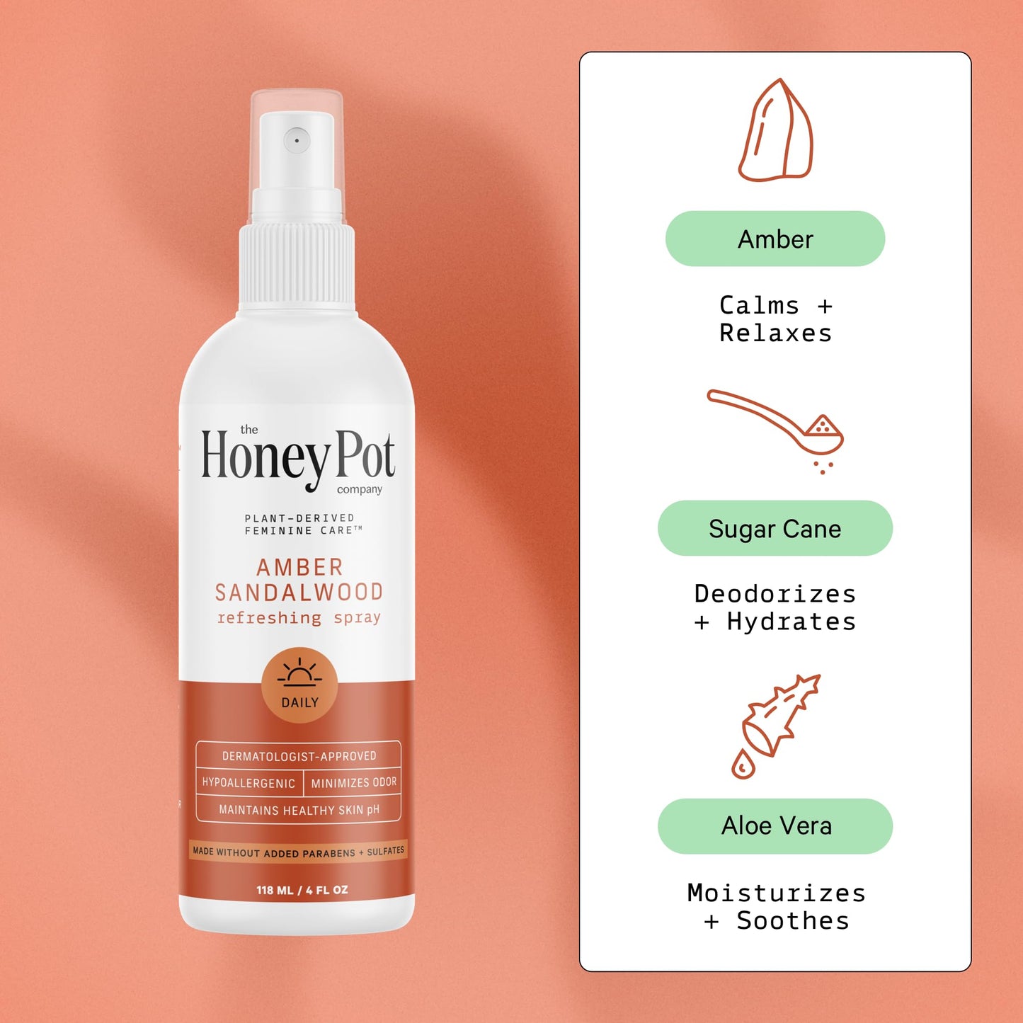 The Honey Pot Company - Refreshing and Restorative Panty and Body Plant-Derived Deodorant Spray - Paraben & Sulfate Free - Amber Sandalwood -4 fl. oz.