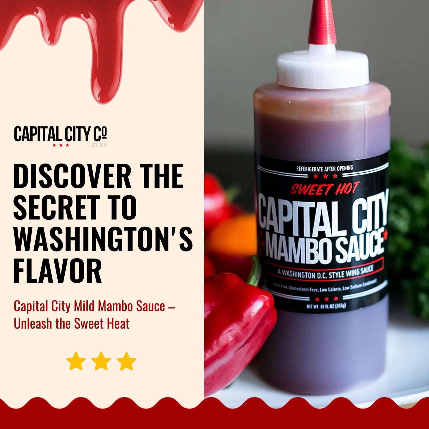 Capital City Mambo Sauce Sweet Hot 4 Pack, Washington DC Wing Sauces, Perfect Condiment for Wings Chicken Pork Beef Seafood Burgers Rice or Noodles, 12oz (2pk), 2oz (2pk)