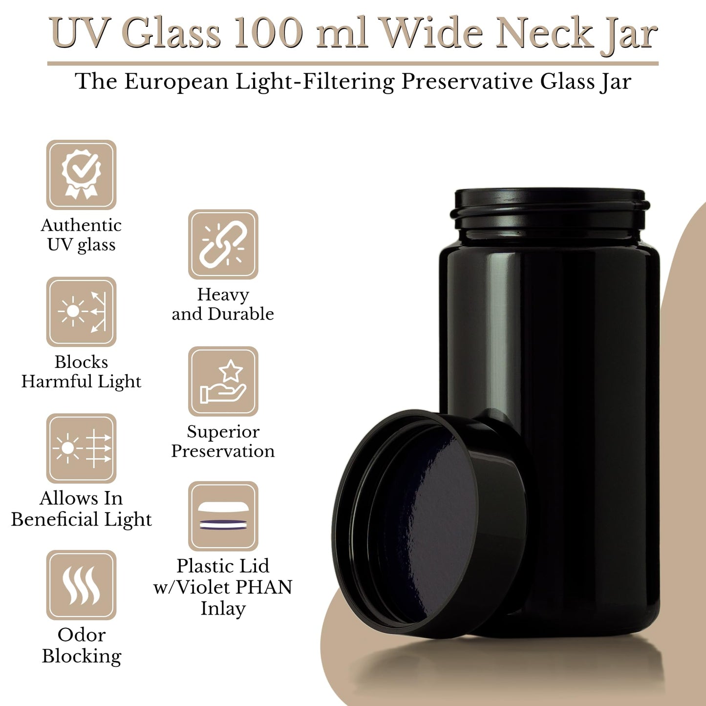 Artanis Home Black Ultraviolet Glass Jar with Lid | 100 ml 3 oz Airtight Smell Proof Container | Wide Neck Herb Storage, Ideal for Tea, Spices, Dried Goods, Slender Glass Jar for Kitchen