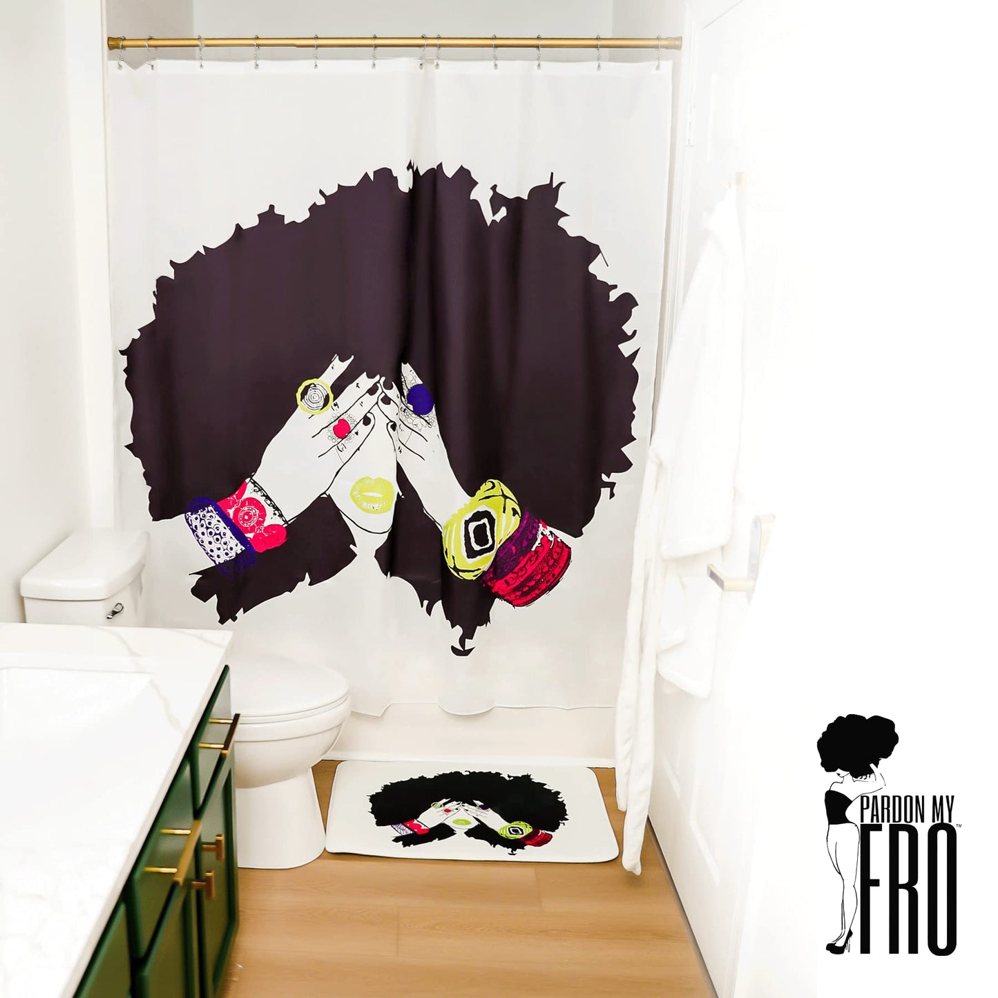 Pardon My Fro Shanell Shower Curtain - 100% Polyester Fabric Shower Curtains with Print - Hotel & Home One Piece Hookless Shower Curtains w/ 12 Grommets - Chic Bathroom Curtain (White, 71"×71")