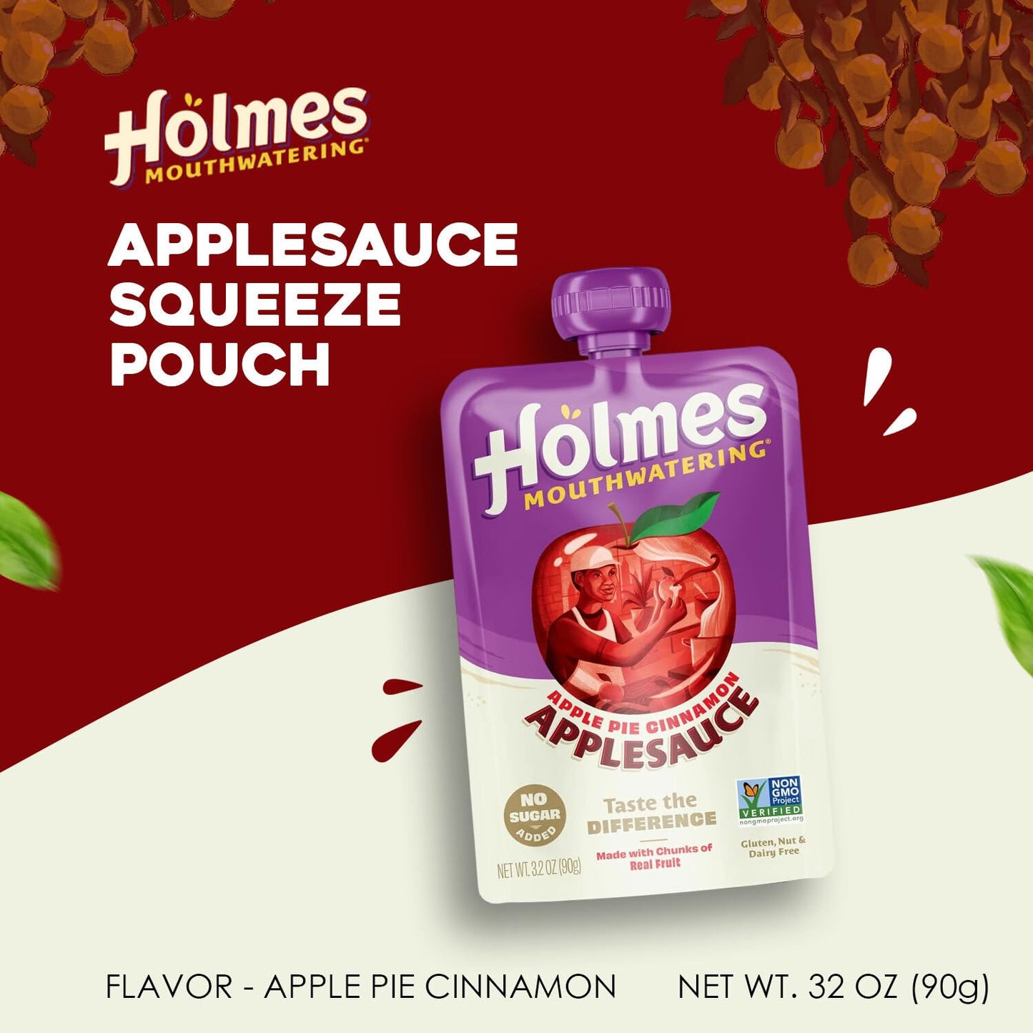 Applesauce Squeeze Pouch, Organic Cinnamon Applesauce Pouches with Real Chunks of Fruit, No Artificial Flavors Fruit Snack (Apple Pie Cinnamon, 12 Pack of 3.2 oz)