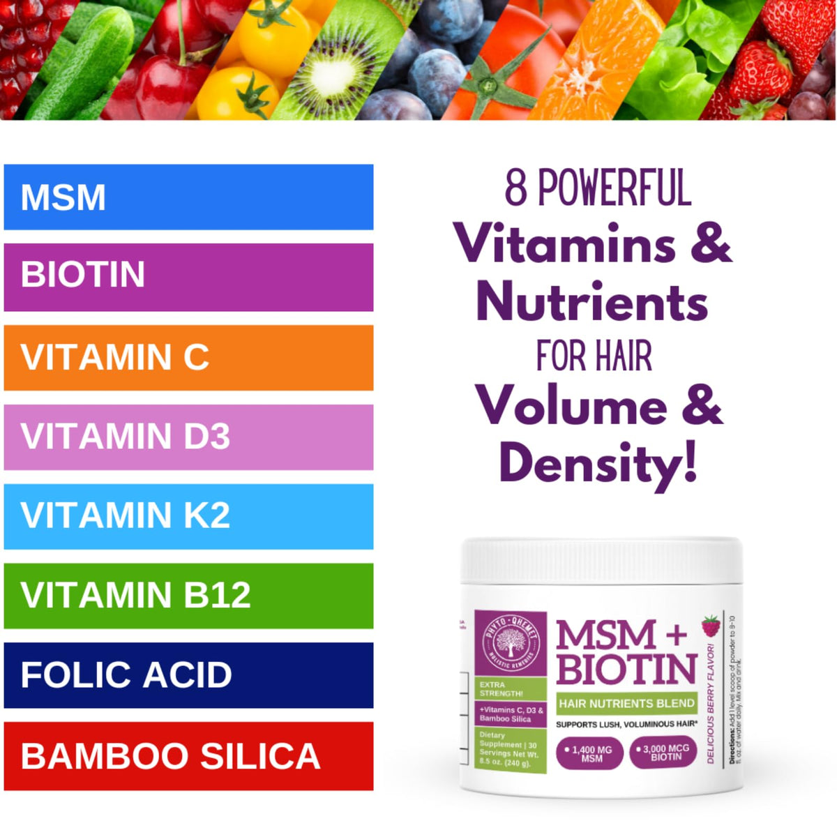 Qhemet Biologics MSM + Biotin Hair Nutrient Blend - Hair Vitamins Powder to Support Lush Volume - Bamboo Silica & Vitamins D3 + B12 for Hair Health - Jumpstart Your Rapid Hair Growth Journey (8.5 oz)