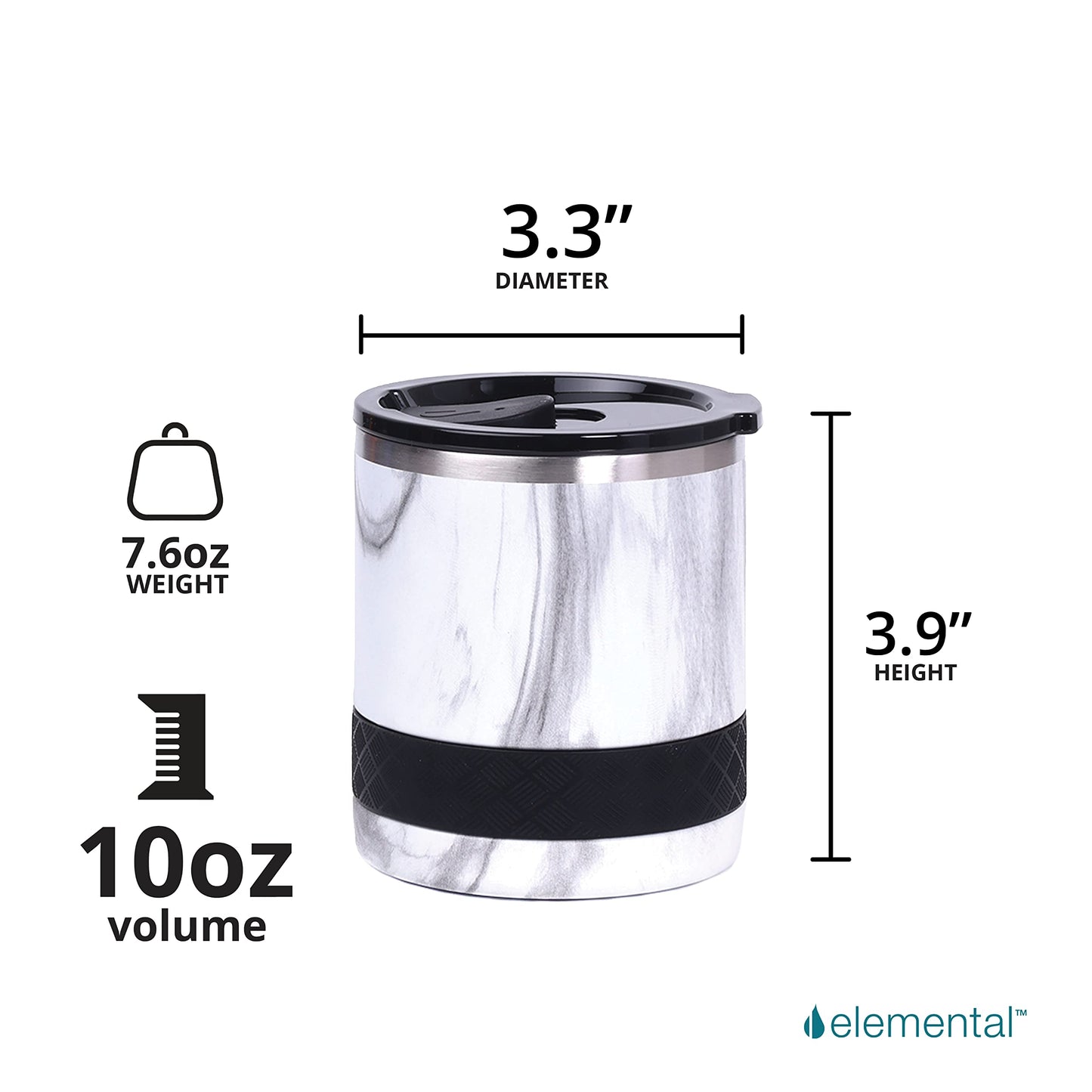 Elemental Recess Lowball Tumbler, 10oz Triple Wall Stainless Steel Cup with Non-Shattered Tritan Lid, Insulated Whiskey Glass, Insulated Coffee Tumbler Mug for Hot & Cold Drinks - White Marble