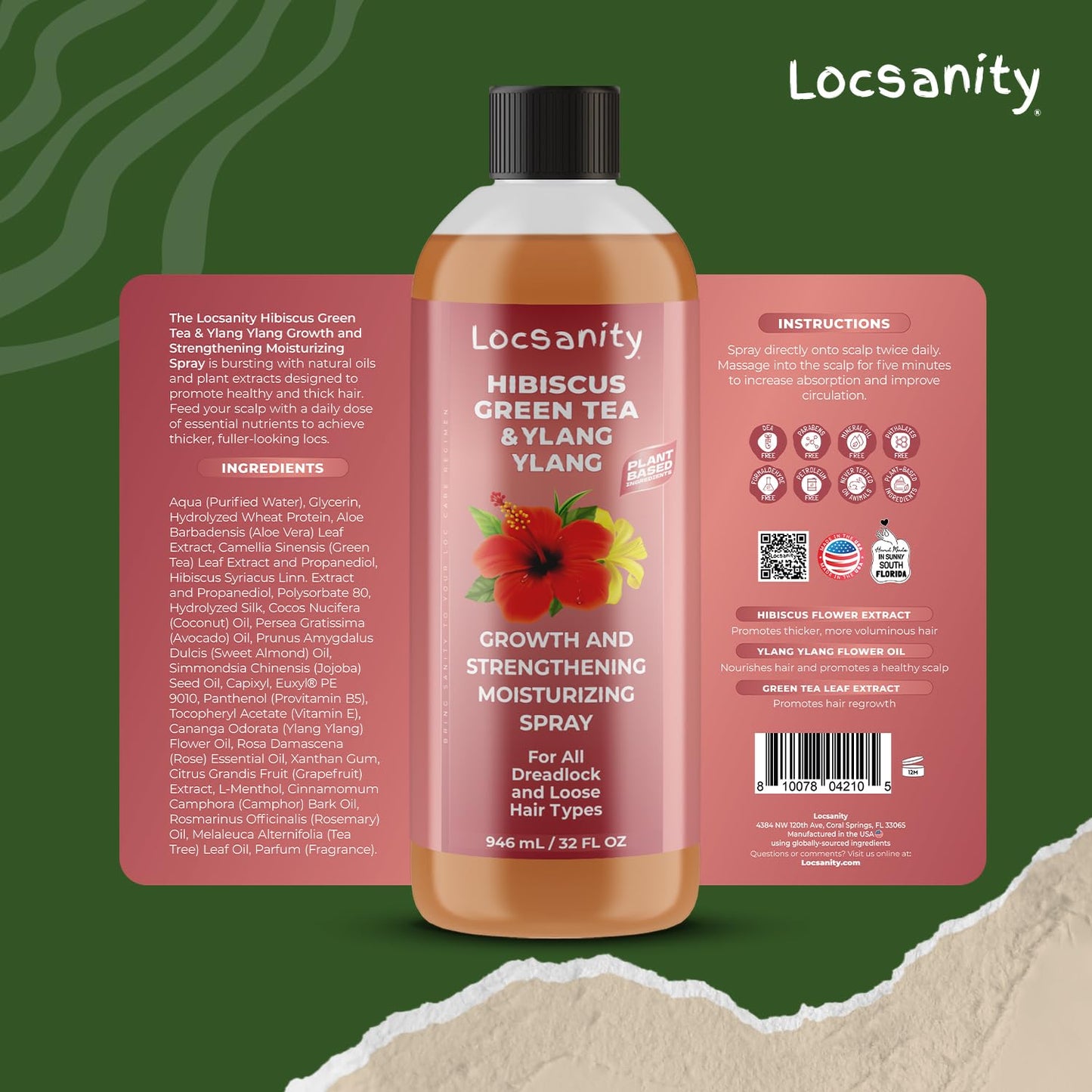 Locsanity Hibiscus Green Tea Hair Growth Spray for Dreadlocks and Loose Hairstyles Hair Care Treatment – Jumbo Size Loc Moisturizer for Thicker, Fuller, Longer Hair (32oz)