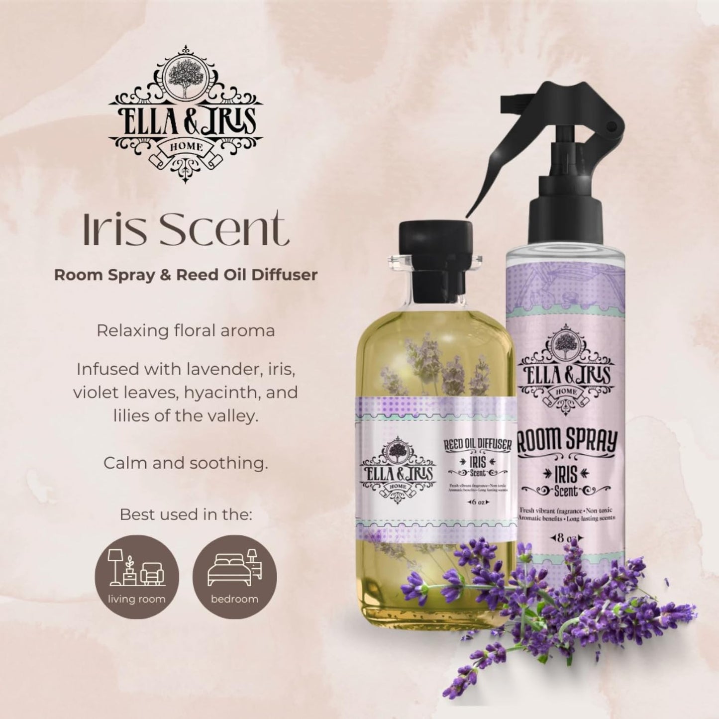 Ella & Iris Home Air Freshener Spray with Iris & Lavender Scent - Relaxing Mist for Home & Room Fragrance - Aromatherapy Benefits & Non-Toxic Air Freshener (8oz)