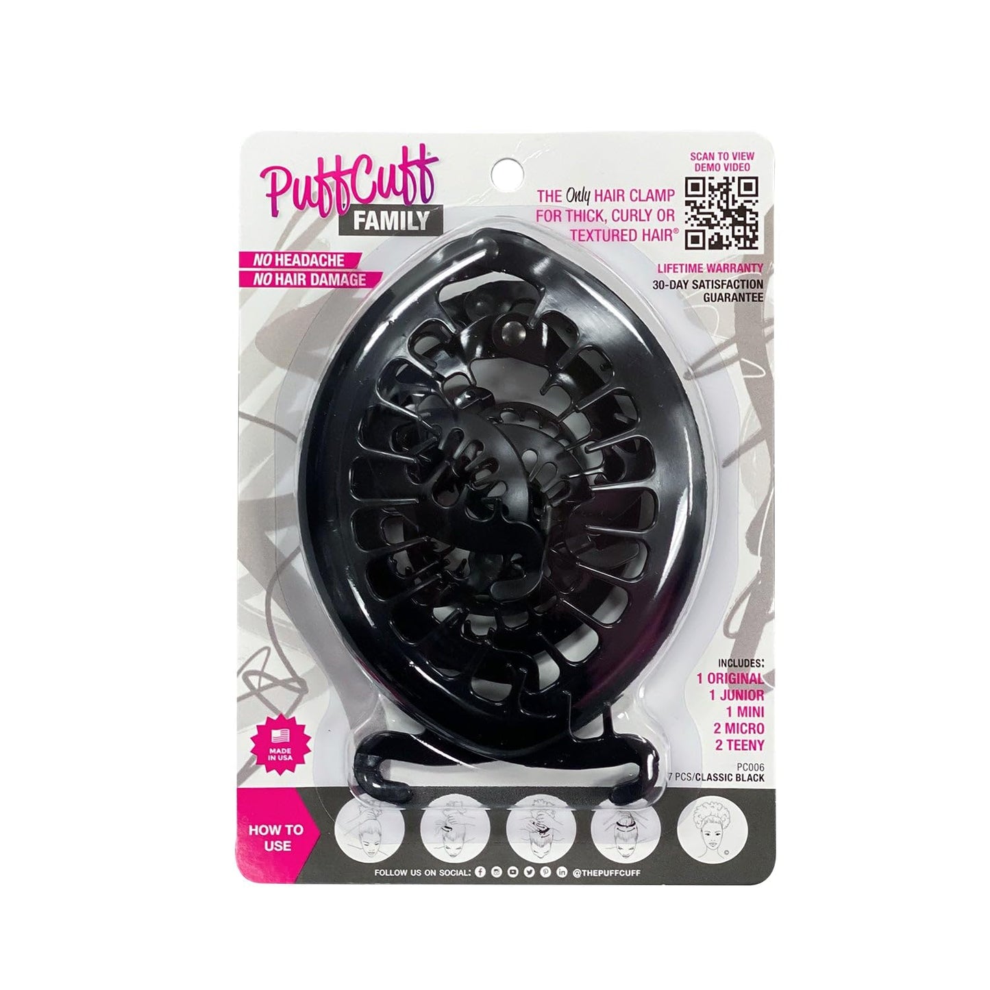 PuffCuff | Disaster Prevention Bundle | Hair Clamp Family Pack, TangleMaster Brush, 360° Misting Spray Bottle, 100% Silk Bonnet, 100% Boar Brush | For Curly, Kinky, & Textured Hair