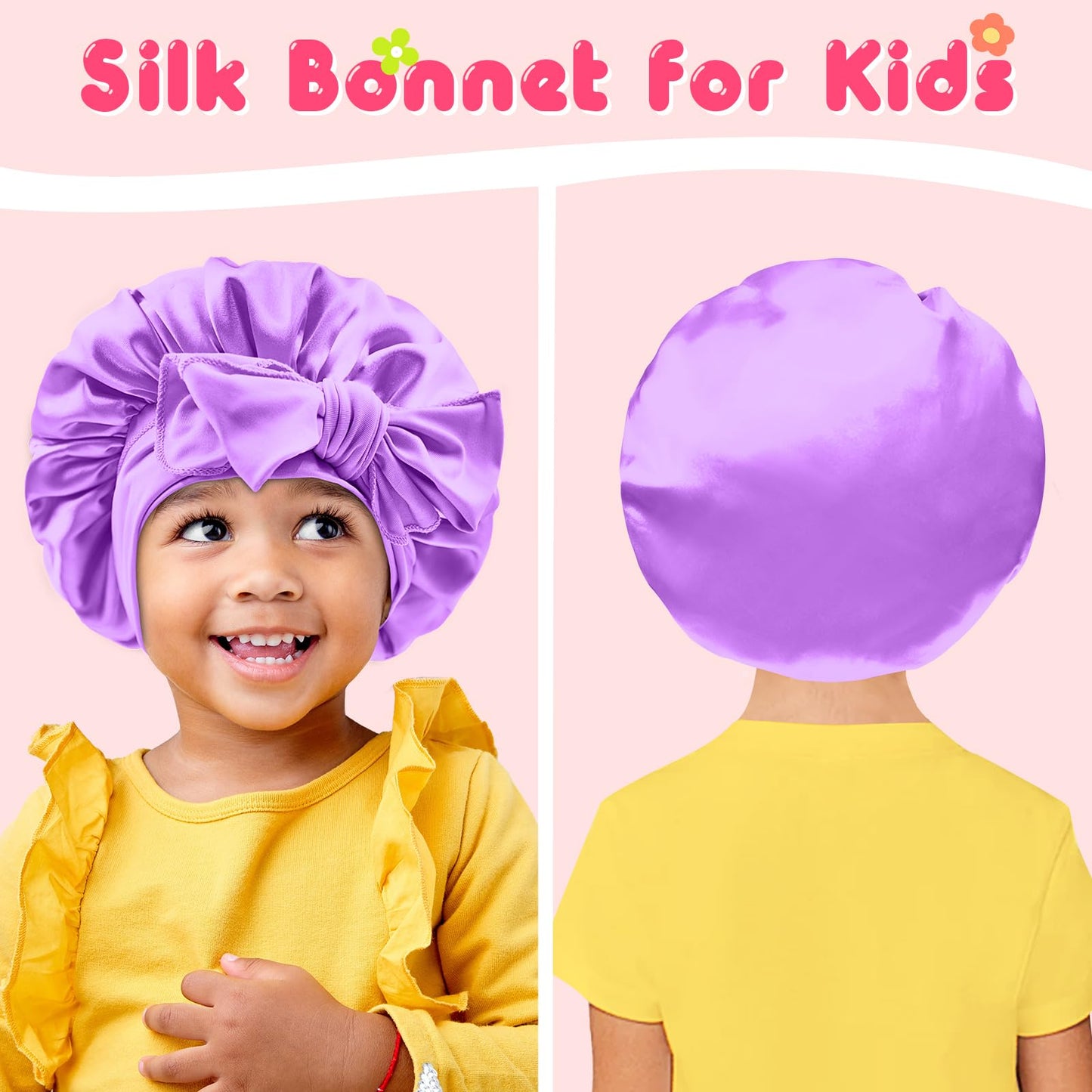BONNET QUEEN Baby Bonnet Kids Bonnet Infant Satin Silk Hair Bonnets for Girls Newborn Infants with Tie Band Bow 6-12 Months 2Pcs Pink+Purple