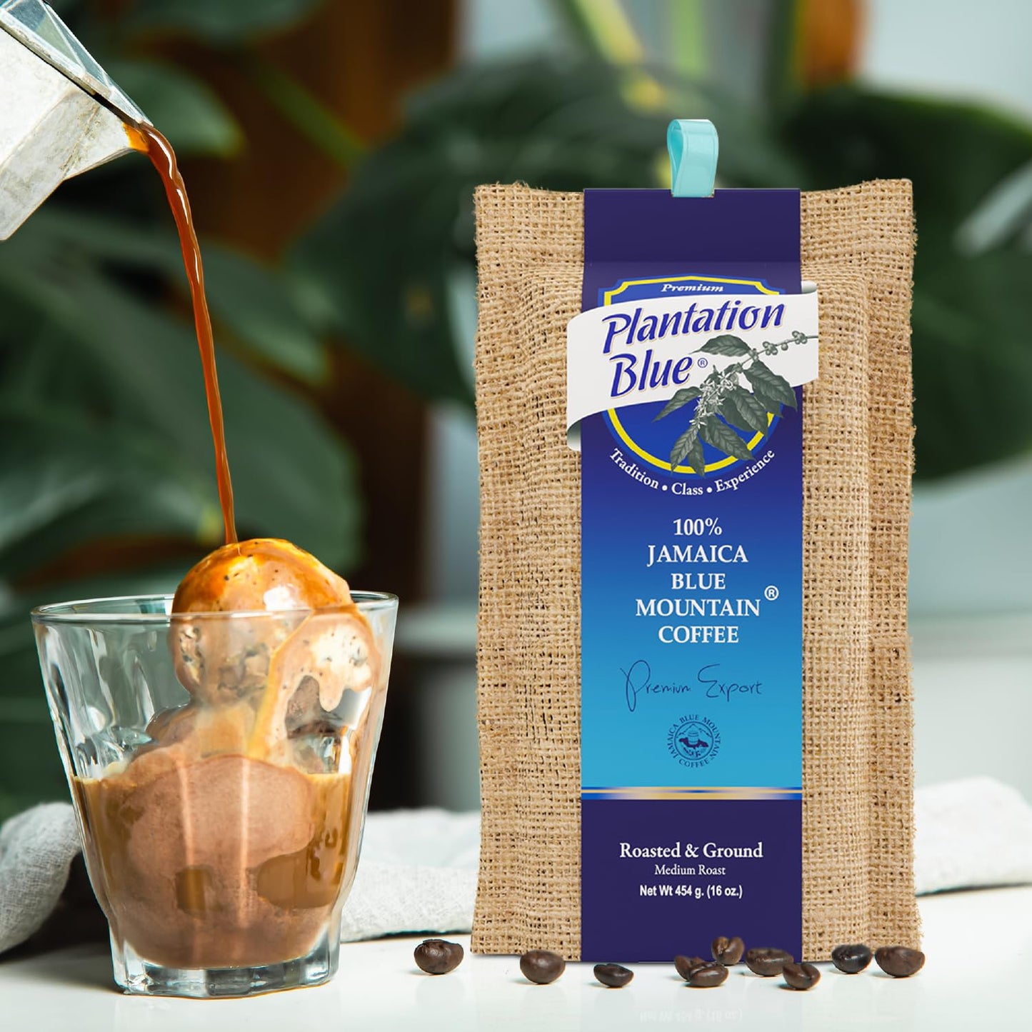 Plantation Blue 100% Jamaica Blue Mountain Coffee Medium Roasted and GROUND (16oz)