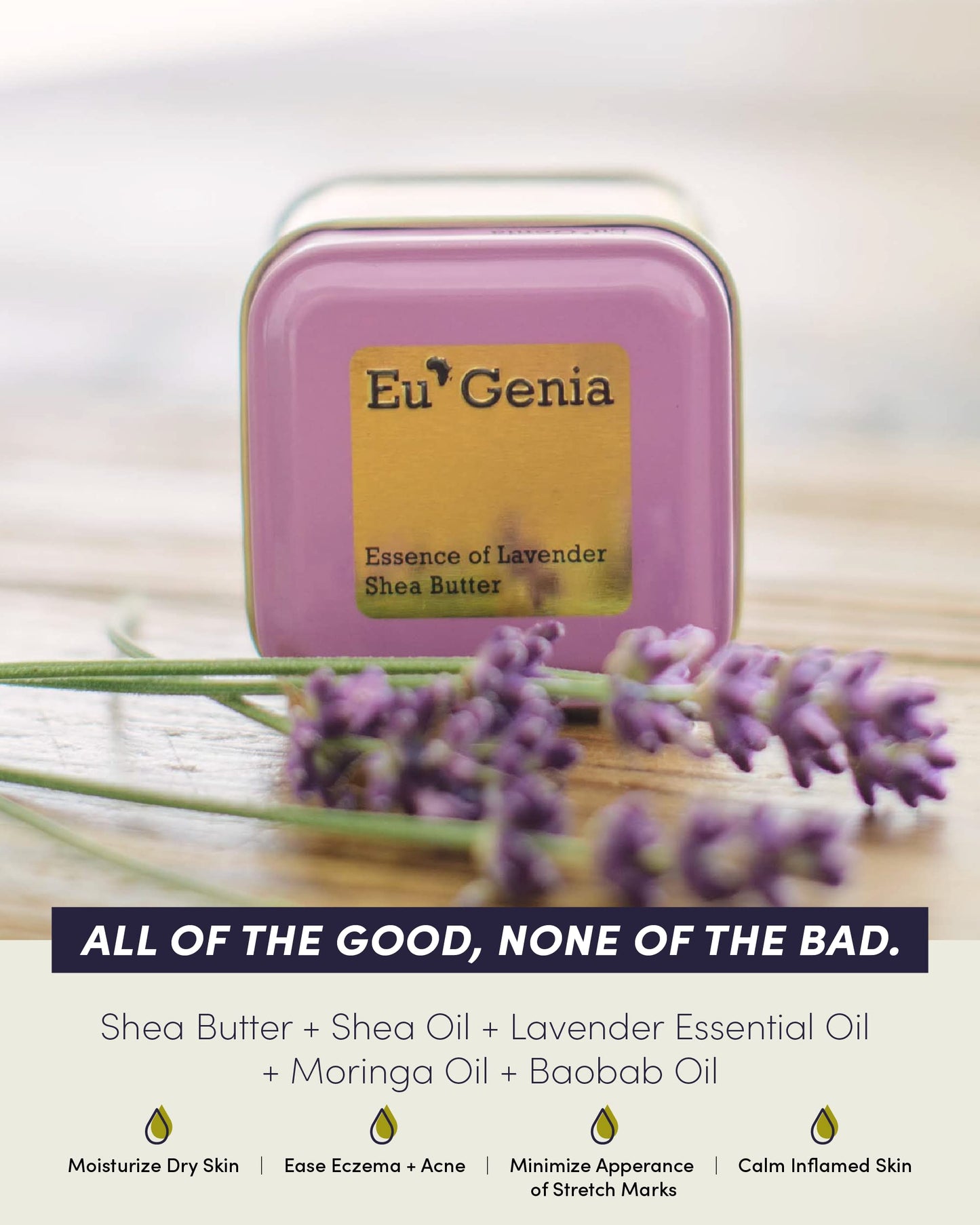 Eu'Genia Everyday Shea Butter (Lavender, 2oz), 100% Pure Unrefined Ghanaian Shea, Premium Face & Body Moisturizer for All Skin and Hair Types