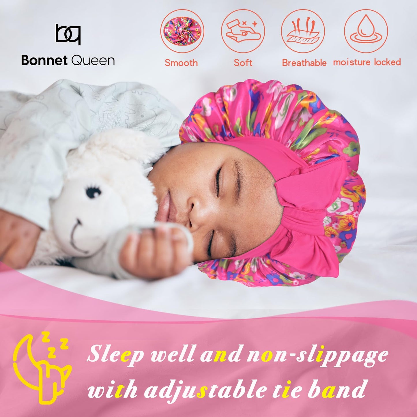 BONNET QUEEN Baby Bonnet 2Pcs Silk Bonnet Satin Hair Bonnet for Sleeping Silk Bonnet for Girls Night Hair Wrap with Tie Band 0~3 Years Hot Pink & Pink Floral