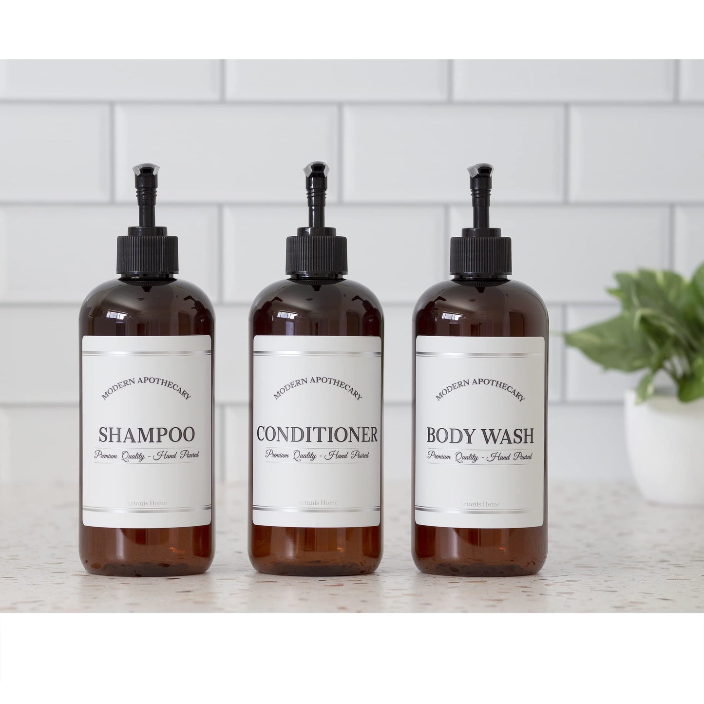 Amber Refillable Shampoo and Conditioner Bottles - Body Wash, Shampoo and Conditioner Dispenser - PET Plastic Shampoo Bottles Refillable with Pump - Waterproof Labels - 16 oz, 3 Pack (Black Plastic)