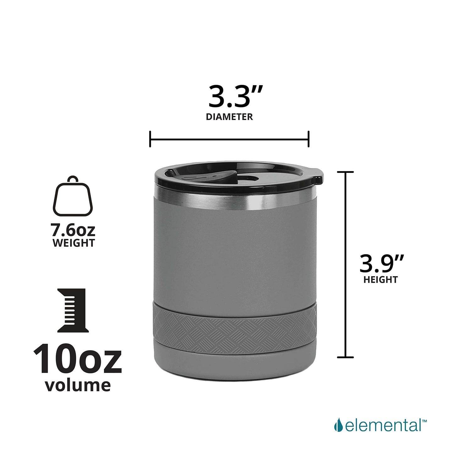 Elemental Recess Lowball Tumbler, 10oz Triple Wall Stainless Steel Cup with Non-Shattered Tritan Lid, Insulated Whiskey Glass, Insulated Coffee Tumbler Mug for Hot & Cold Drinks - Graphite
