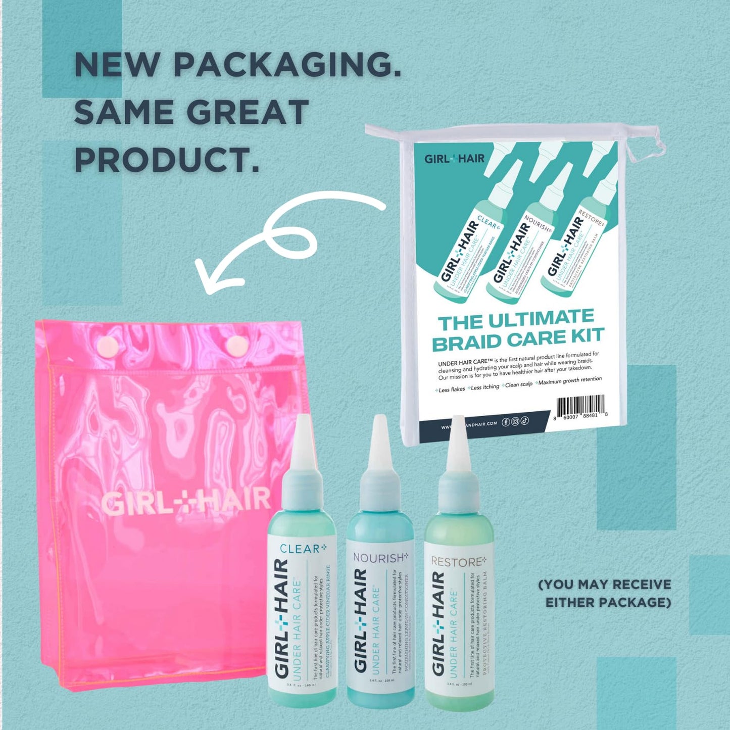 GIRL+HAIR Ultimate Braid Care Travel Set | Maintain Healthy Hair & Scalp with Clear + Nourish + Restore | Maximize Hair Strength | TSA Compliant (3 x 3.4 Fl Oz, Leave-In Conditioner, Apple)