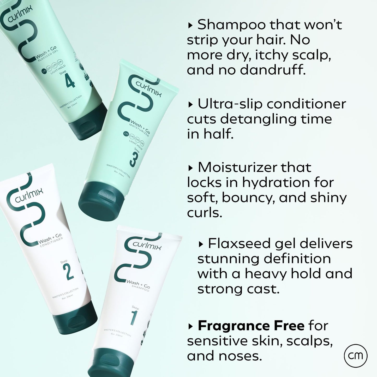 CurlMix Wash & Go System - Travel Size Sample Curly Hair Shampoo & Conditioner Set with Moisturizer & Flaxseed Gel - Fragrance Free - Heavy Hold