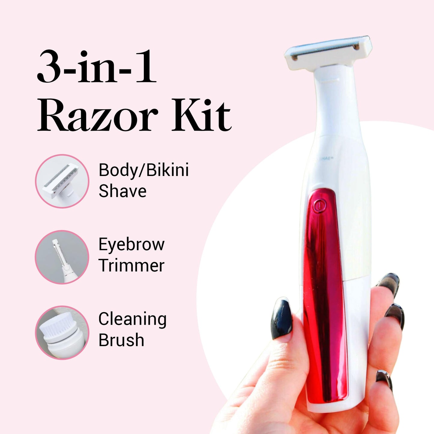 Kushae 3-in-1 Razor Kit for Women - Female Shaving Razor - Eyebrow Trimming Tool - Waterproof Cleansing Device - Rechargeable Hair Removal Trimmer for Legs, Bikini, Underarms, Face & Hands