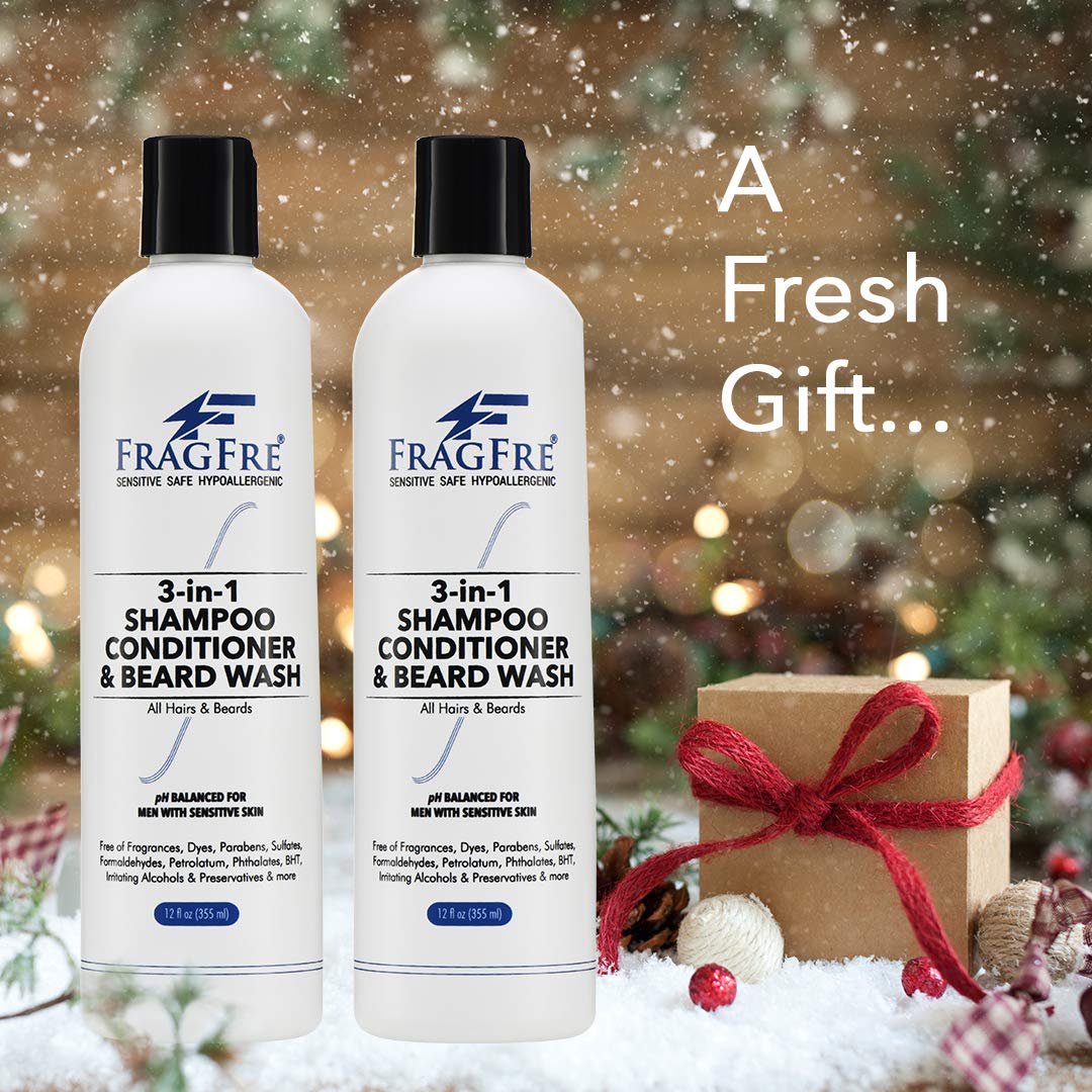 FRAGFRE Shampoo Conditioner and Beard Wash for Men, 12 oz - Unscented, Sensitive Skin, 3 in 1 Hair and Beard Cleansing and Conditioning, Grooming Product