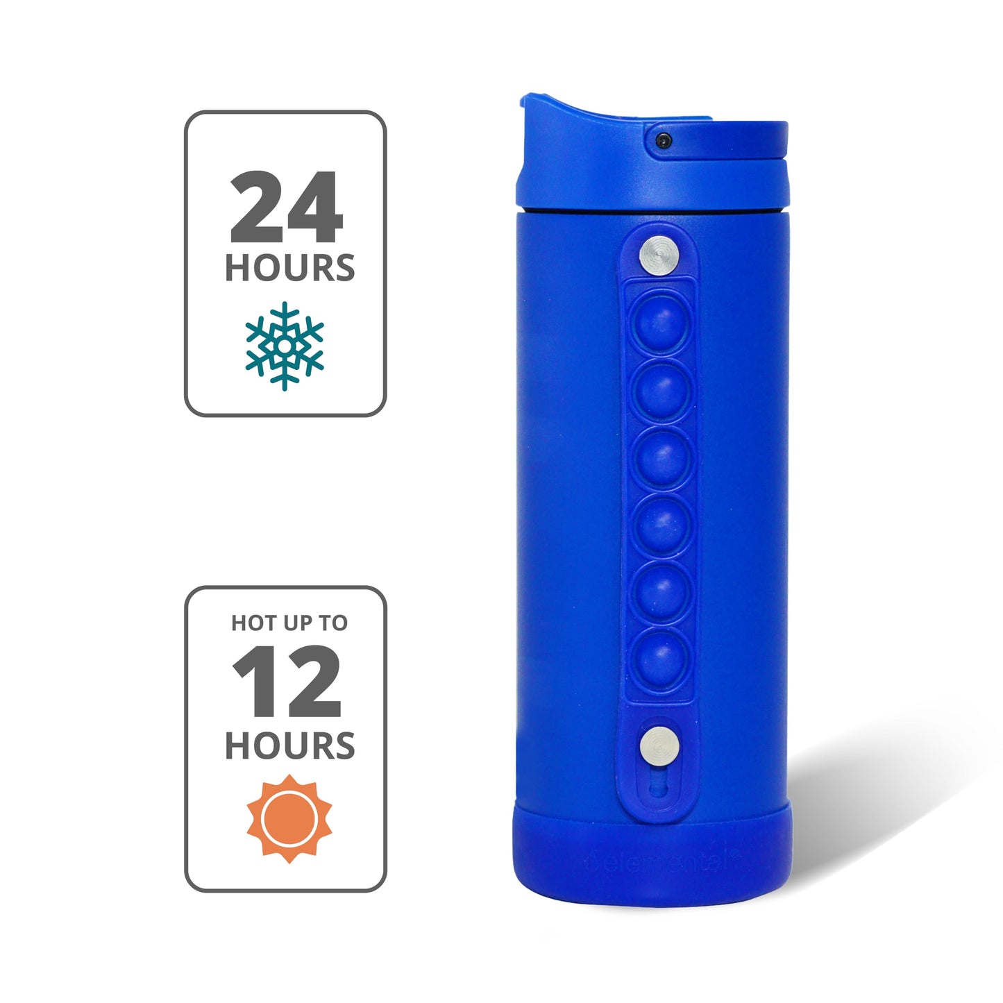 Elemental Iconic Kids Water Bottle with Straw Lid & Stress Reliever Pop It Handle, Leak-Proof When Closed, Triple Insulated Stainless Steel Reusable Thermos Water Bottle, 14oz - Royal Blue