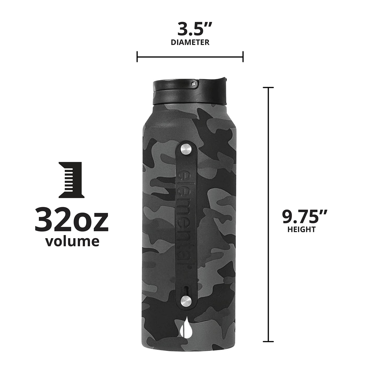 Elemental Iconic Stainless Steel Water Bottle with Straw - 32 oz Leak Proof Triple Wall Insulated Water Bottles for Travel and Sports - Reusable Gym Water Bottle with 2 Straws - Black Camo