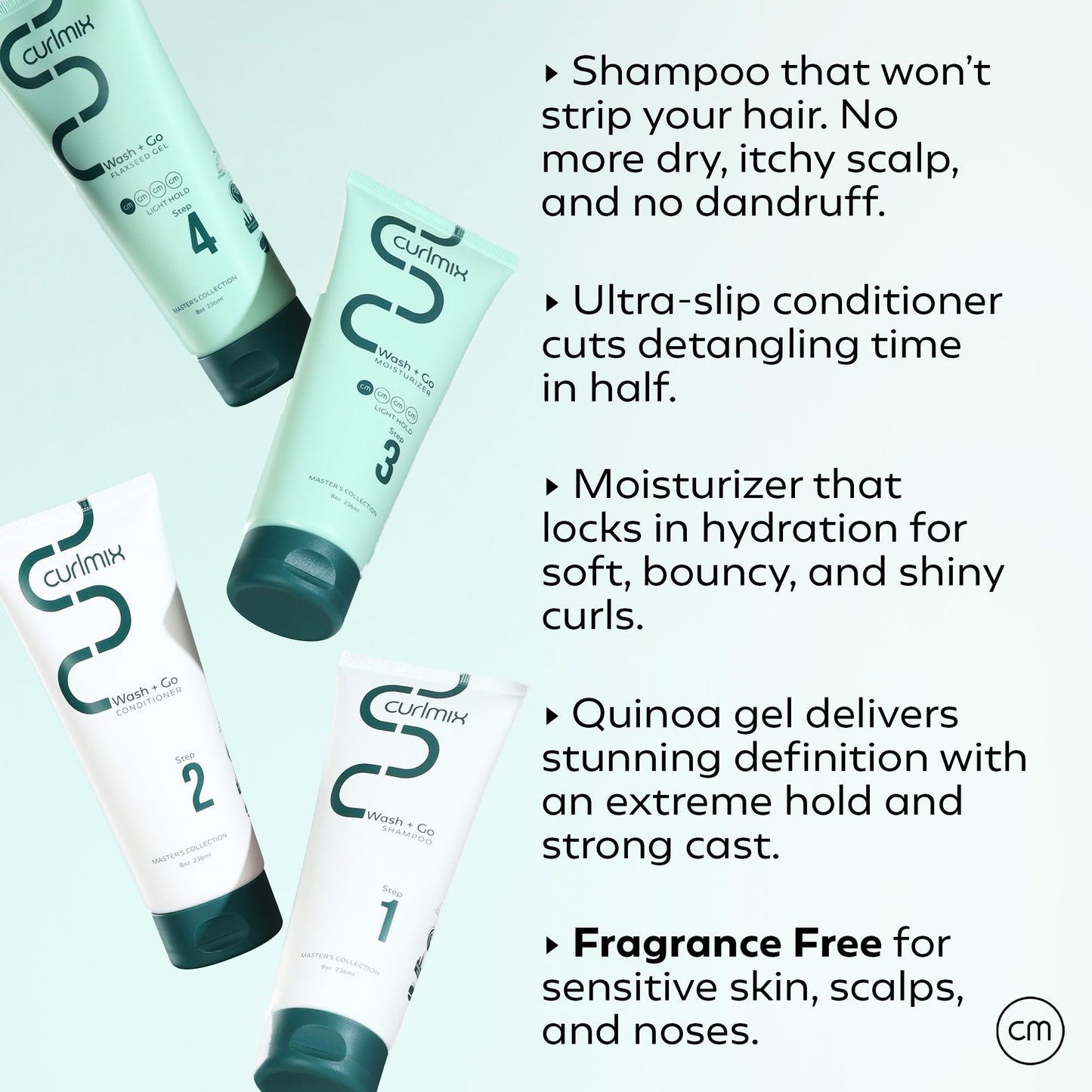 CurlMix Wash & Go System - Curly Hair Shampoo & Conditioner Set with Hydrating Moisturizer & Strong Hold Quinoa Gel -Fragrance-Free - Ultra Hold