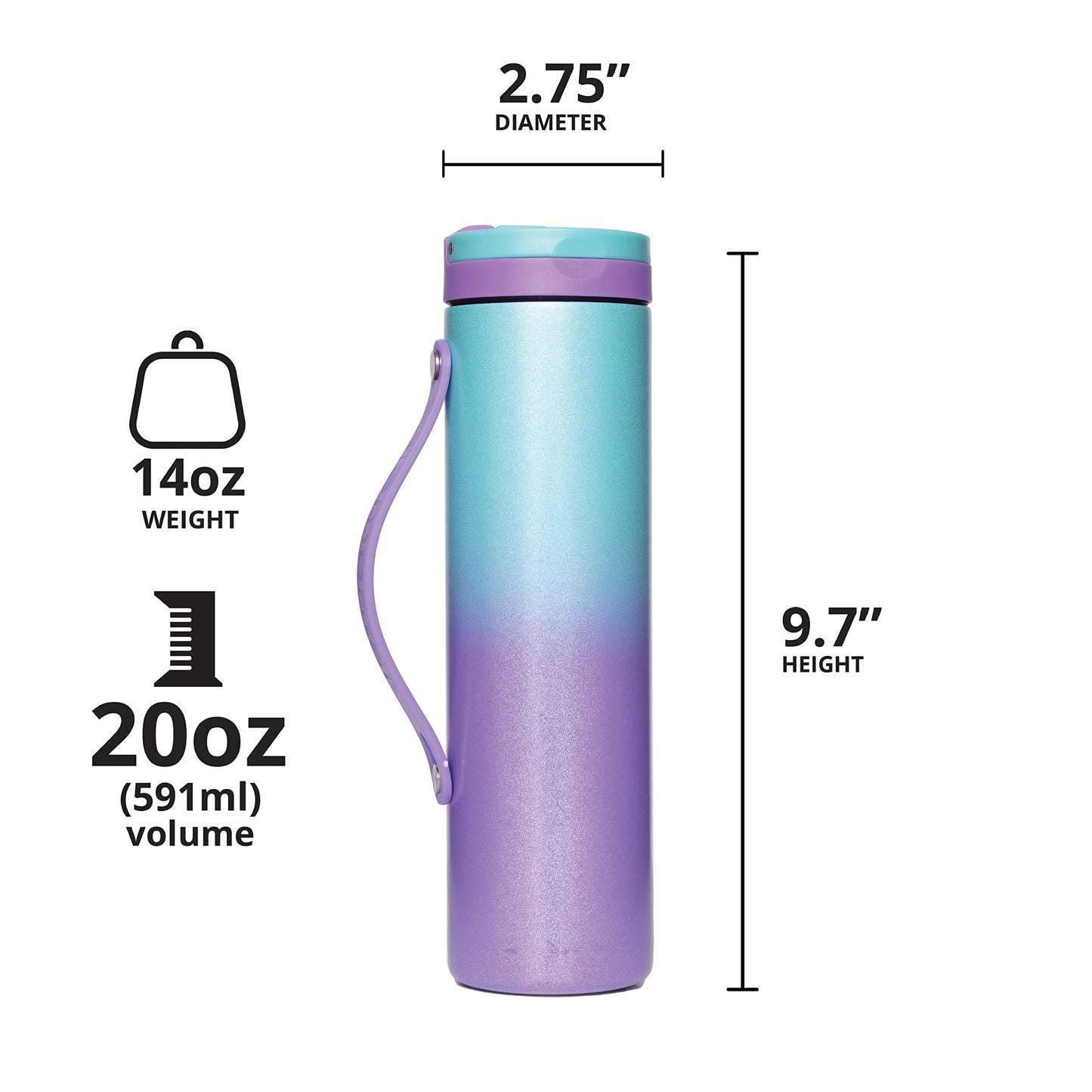 Elemental Iconic Stainless Steel Water Bottle with Straw - 20 oz Leak Proof Triple Wall Insulated Water Bottles for Travel and Sports - Reusable Water Bottle with 2 Straws - Mermaid