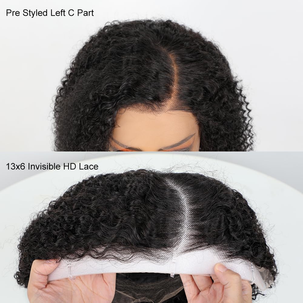 BLY C Part Afro Kinky Curly Bob Wigs 13x6 HD Lace Front Wig 16 Inch Human Hair Glueless Wig Side Part Pre Plucked for Women Natural Black Color 180 Density