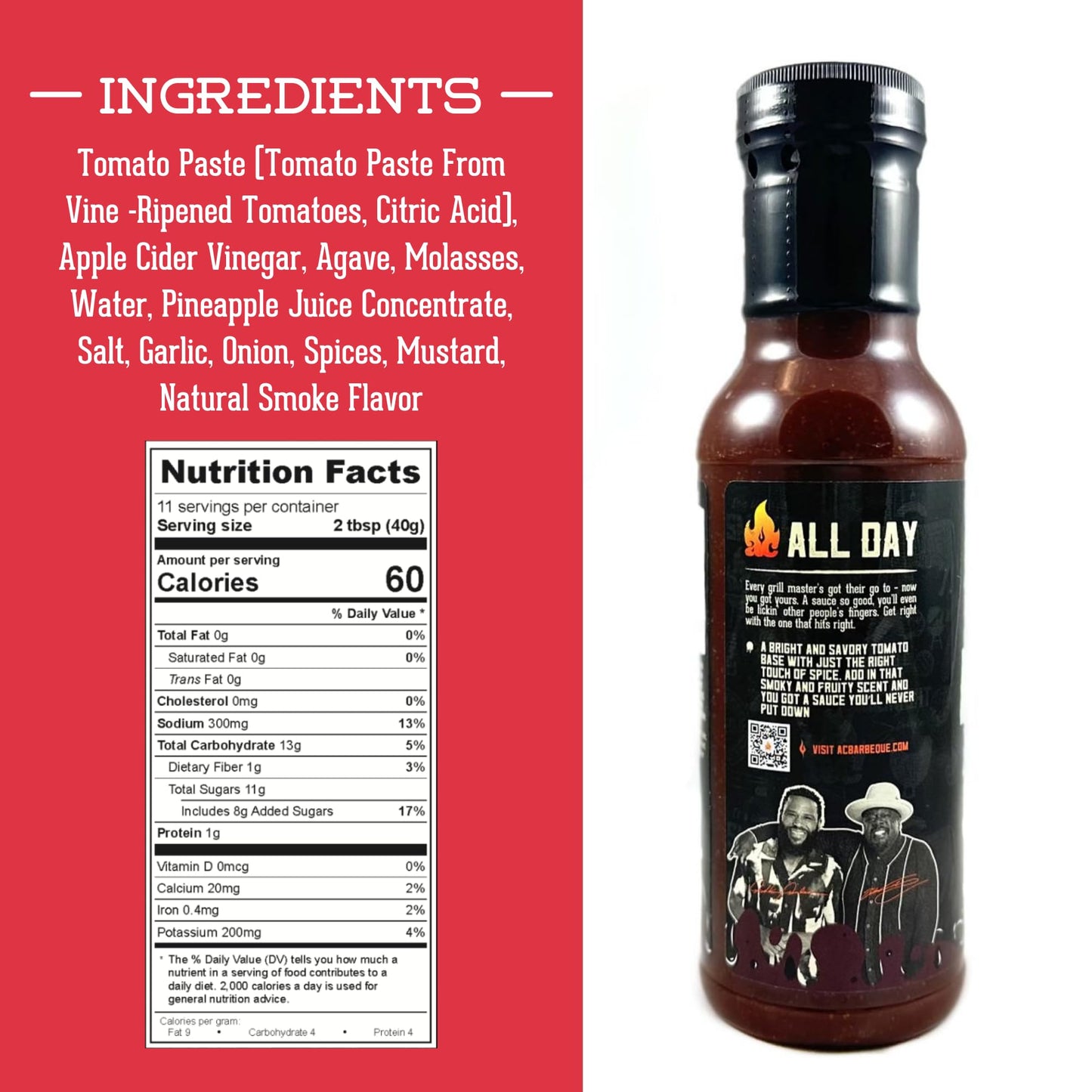AC Barbeque Sauce - ALL DAY Every Day Sweet and Tangy BBQ Sauce, Savory Tomato Base, Great on Burgers, Ribs, Pulled Pork, Chicken, No MSG, 15.3oz Bottle (2 Pack)