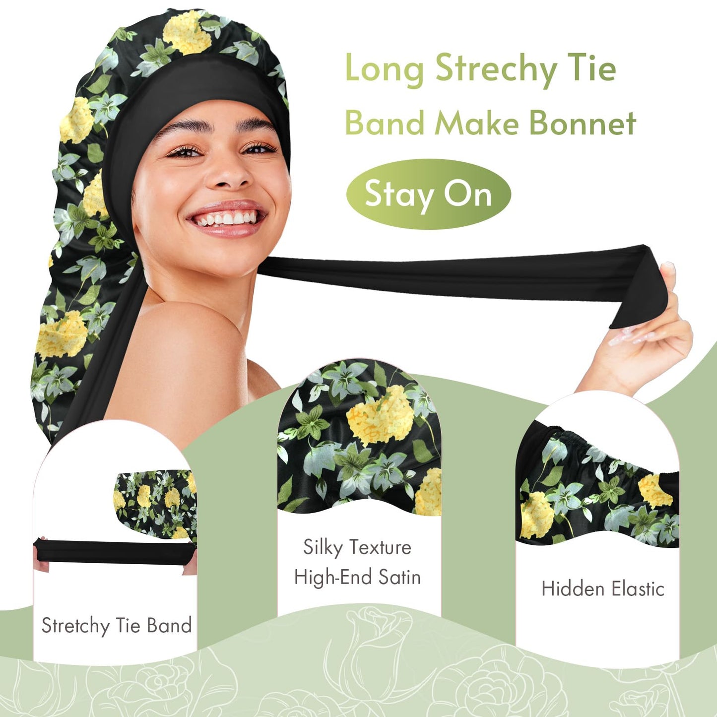 BONNET QUEEN Silk Bonnet Satin Bonnet Long Hair Bonnet for Braid Night Hair Wrap with Tie Band for Women Curly Hair Locs,Vintage Flower