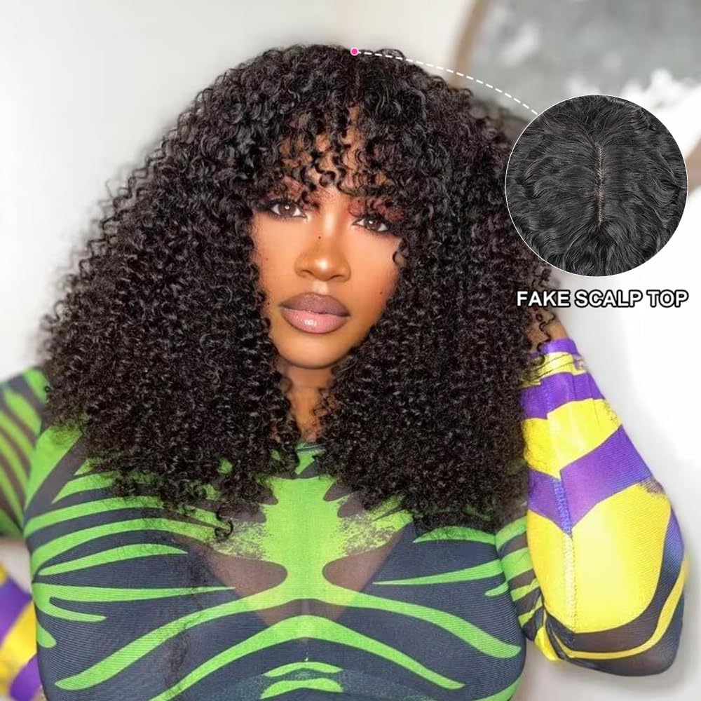 BLY Human Hair Kinky Curly Wig with Bangs 20 Inch Wear and Go Glueless Curly Wigs with Scalp Top Human Hair Wigs for Women 180 Density Natural Black Color