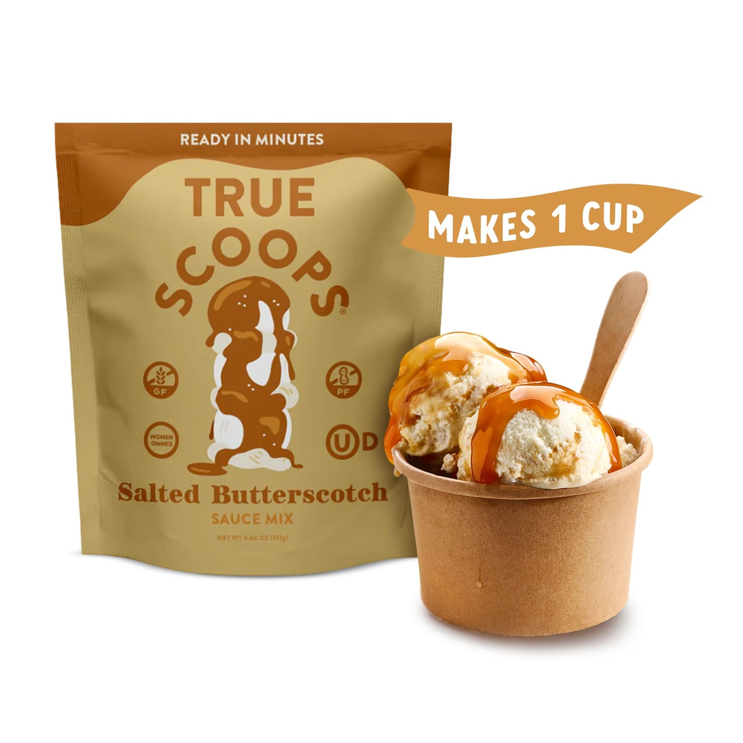 True Scoops 6-Pack Salted Butterscotch Sauce Mix. Add One Ingredient - Half & Half! Makes 1 Cup of Sauce. Made With Real Dark Brown Sugar. Gluten-Free, Peanut-Free, and Kosher. (131g ea)