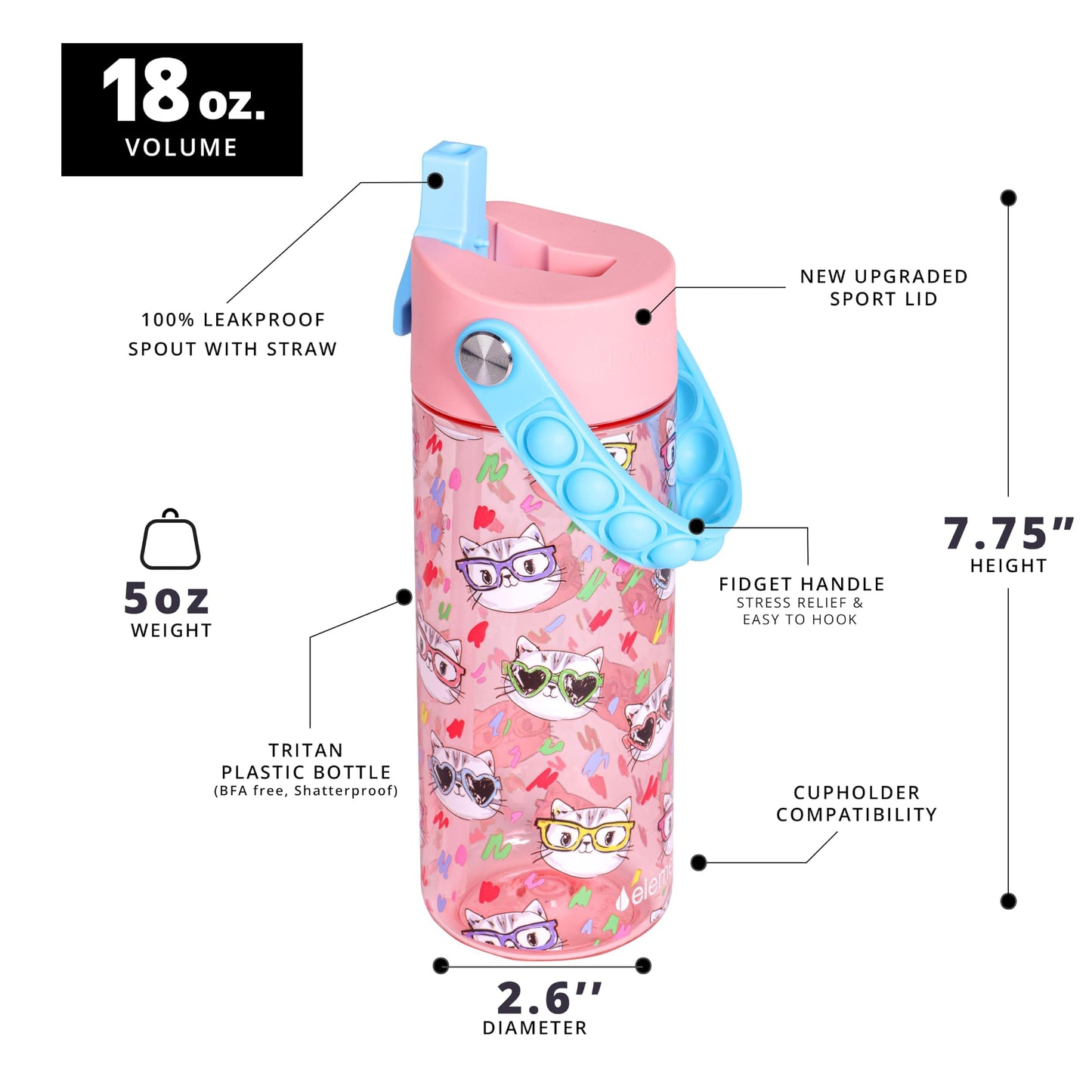 Elemental Leak Proof Water Bottles for Kids - Splash Kids Water Bottle for School with Pop-it Handle - Tritan Plastic Water Bottle with Straw - Stylish Cat & Spring Blossom - 18oz (2 Pack)