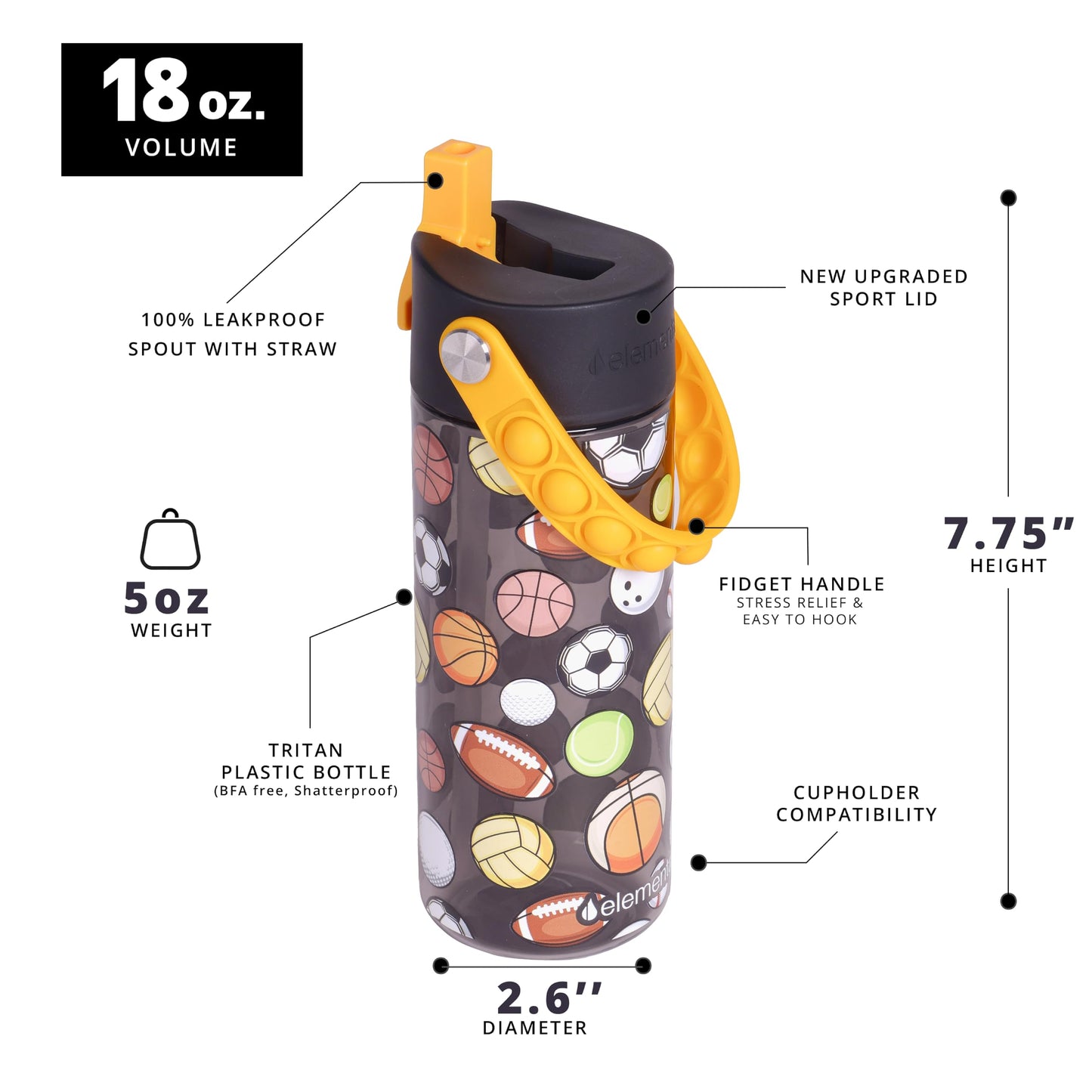 Elemental Leak Proof Water Bottles for Kids - Splash Kids Water Bottle for School with Pop-it Handle - BPA Free Tritan Plastic Reusable Water Bottle with Straw - Sports Ball - 18oz