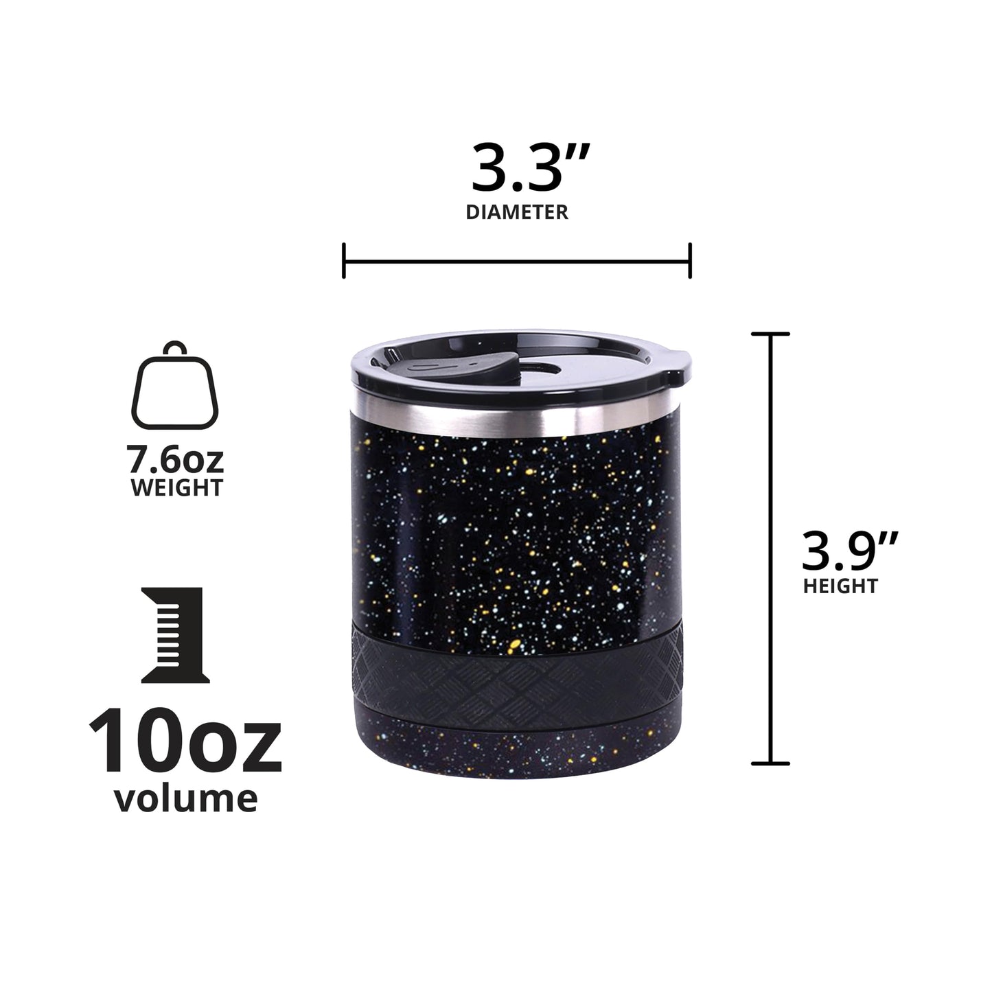 Elemental Recess Lowball Tumbler, 10oz Triple Wall Stainless Steel Cup with Non-Shattered Tritan Lid, Insulated Whiskey Glass, Insulated Coffee Tumbler Mug for Hot & Cold Drinks - Black Speckle