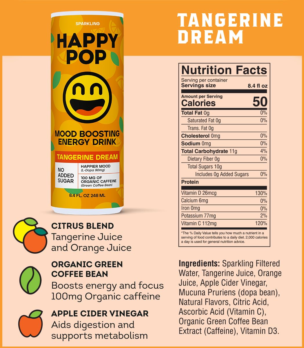 HAPPYPOP® Tangerine Dream Mood Boosting Energy Drink, 8.4 fl oz, No Added Sugar, 100mg Organic Caffeine (Pack of 12)
