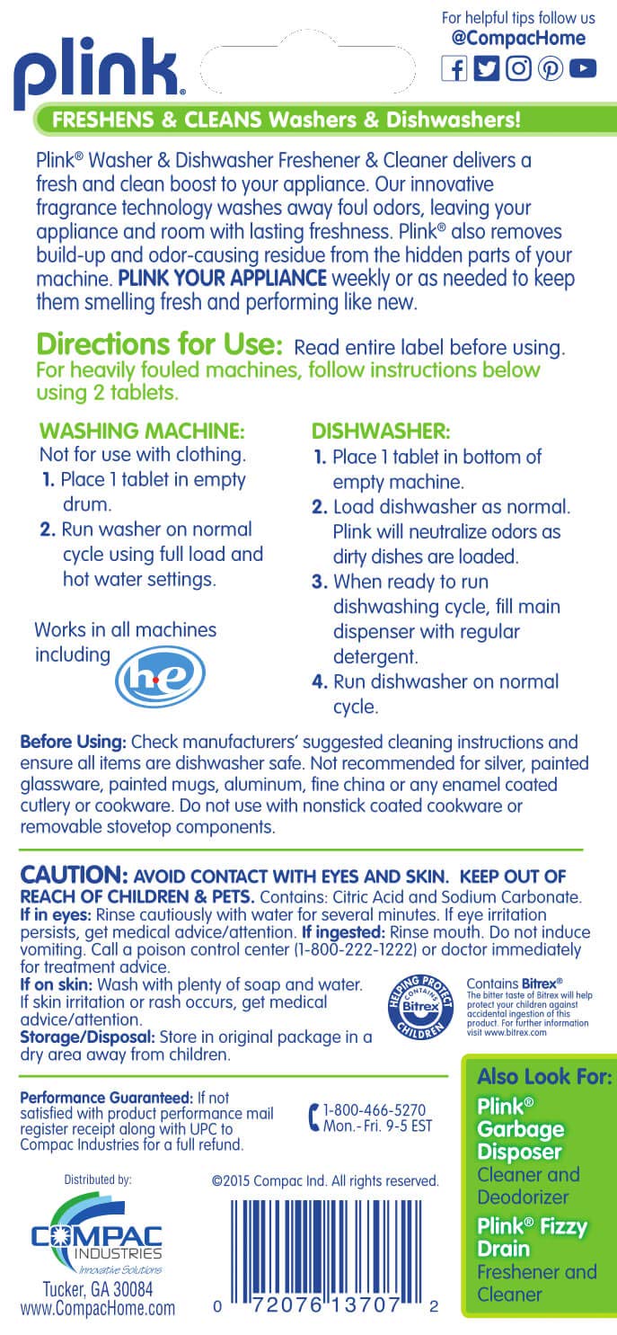 Compac Home Plink Appliance Freshener, Dishwasher, Washing Machine Cleaner, Water Activated, Fresh Lemon Scent, 12 Count