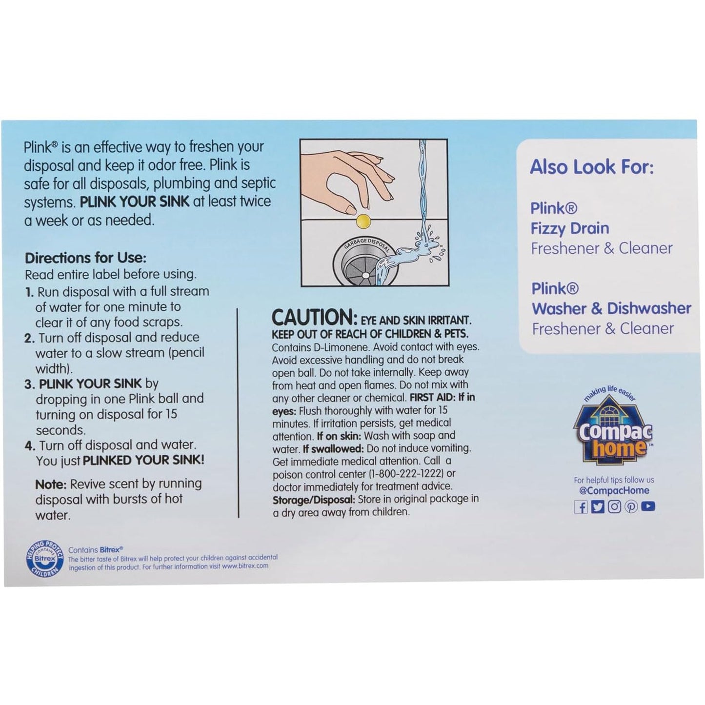 Compac Plink Garbage Disposal Cleaner and Deodorizer, Air Fresheners for Disposal, Lemon Scent, 20 Count