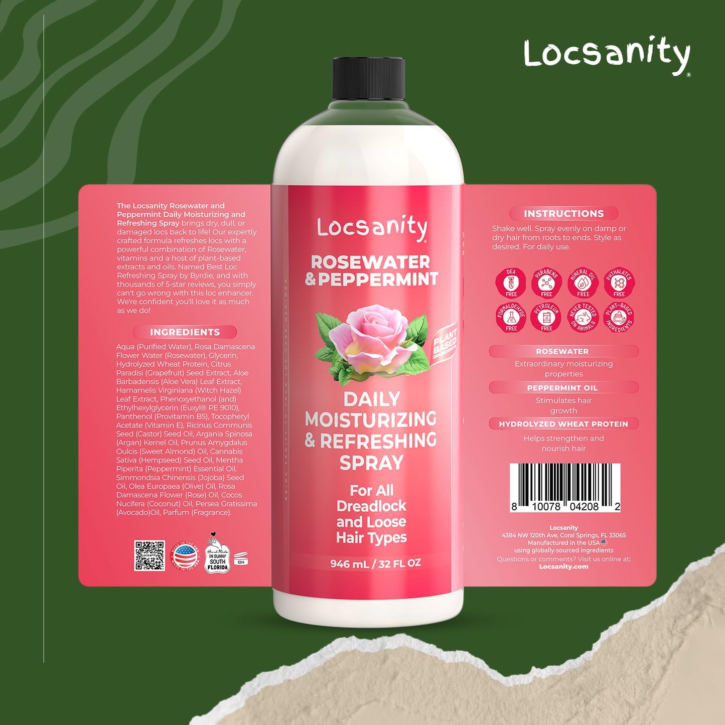 Locsanity Rosewater and Peppermint Daily Moisturizing Spray – Jumbo Size Hydrating Dreadlock Spray to Nourish the Scalp and Protect Hair From Oil and Buildup (32oz)