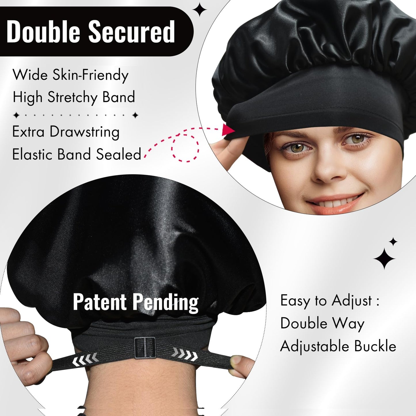 BONNET QUEEN Silk Bonnet for Sleeping Women Satin Bonnet Hair Bonnet Adjustable Hair Bonnet Night Sleep Cap Black+Pink Black+Pink