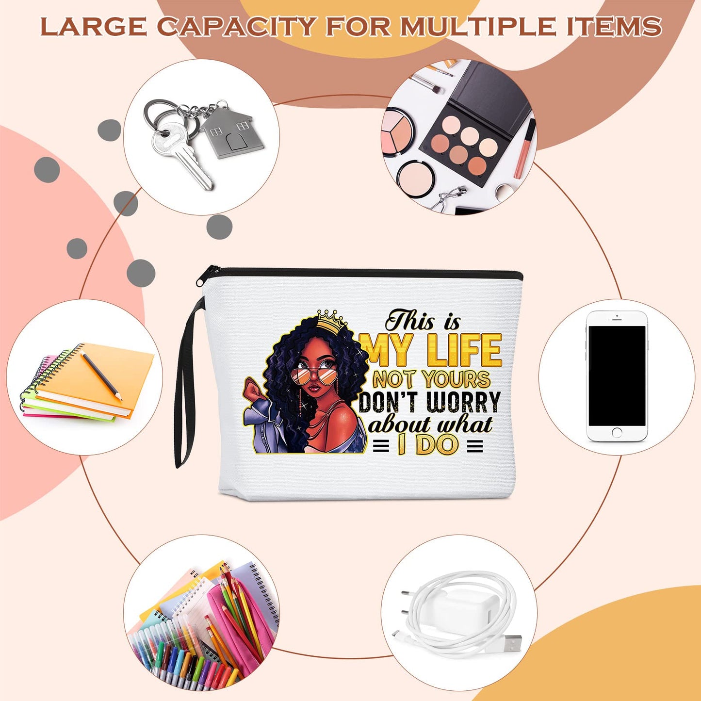 Roowest 4 Pcs African American Makeup Bag Black Women Cosmetics Bag Inspirational Gifts Travel Zippered Toiletry Bag Canvas Makeup Pouch Reusable Multi Purpose Organizer for Women Lady