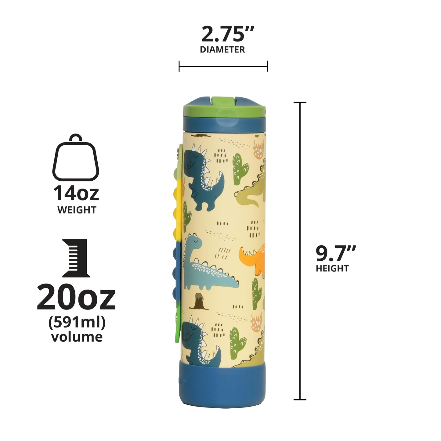 Elemental Iconic Kids Water Bottle with Straw Lid & Stress Reliever Pop It Handle, Leak-Proof When Closed, Triple Insulated Stainless Steel Reusable Thermos Water Bottle, 20oz - Dinosaur