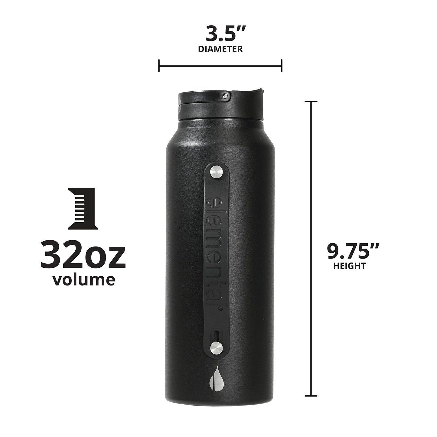 Elemental Iconic Stainless Steel Water Bottle with Straw - 32 oz Leak Proof Triple Wall Insulated Water Bottles for Travel and Sports - Reusable Gym Water Bottle with 2 Straws - Matte Black