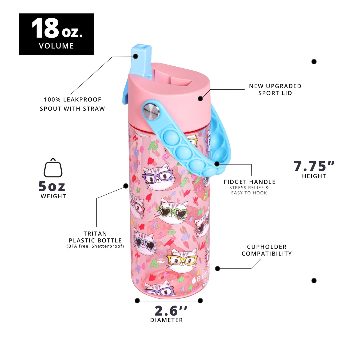 Elemental Leak Proof Water Bottles for Kids - Splash Kids Water Bottle for School with Pop-it Handle - BPA Free Tritan Plastic Reusable Water Bottle with Straw - Stylish Cat - 18oz