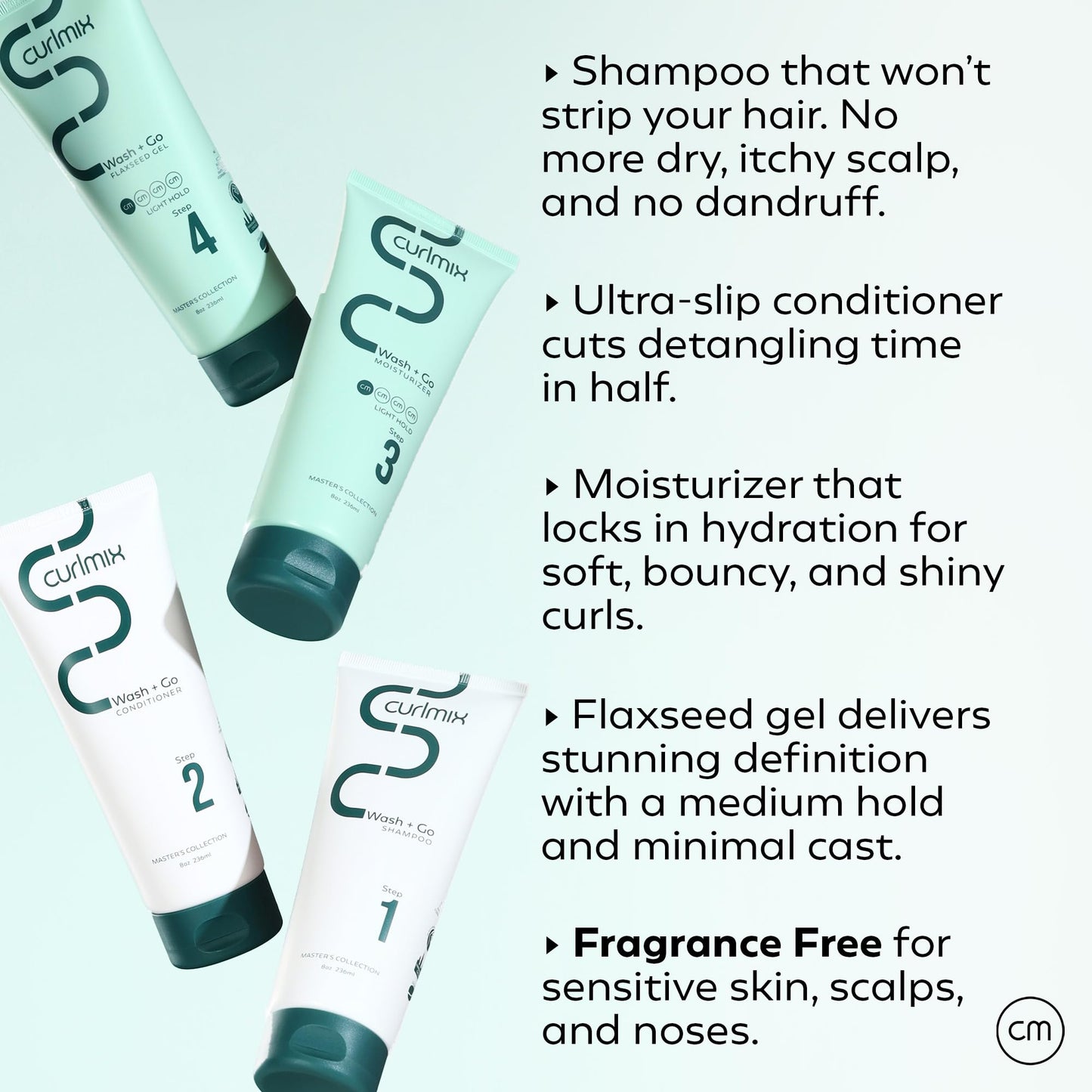 CurlMix Wash & Go System - Curly Hair Shampoo & Conditioner Set with Hydrating Moisturizer & Softening Flaxseed Gel - Fragrance-Free - Medium Hold