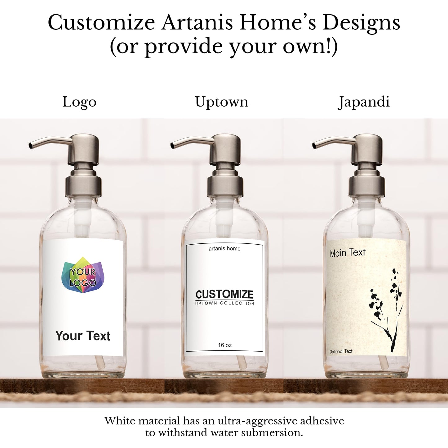 Artanis Home Customized Refillable Clear Glass Soap Dispenser Bottle, Personalized Label for Hand Soap, Dish Soap, Shampoo, etc., Pump Dispensers for Vacation Properties and Homes, Stainless Steel