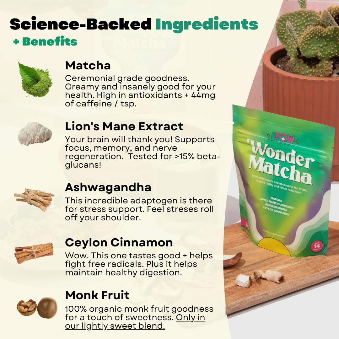 Pow Wonder Matcha | Organic Ceremonial Matcha w/Adaptogens, Mushrooms, Lion's Mane Mushroom and Ashwagandha (Lightly Sweetened | Up to 28 Servings)