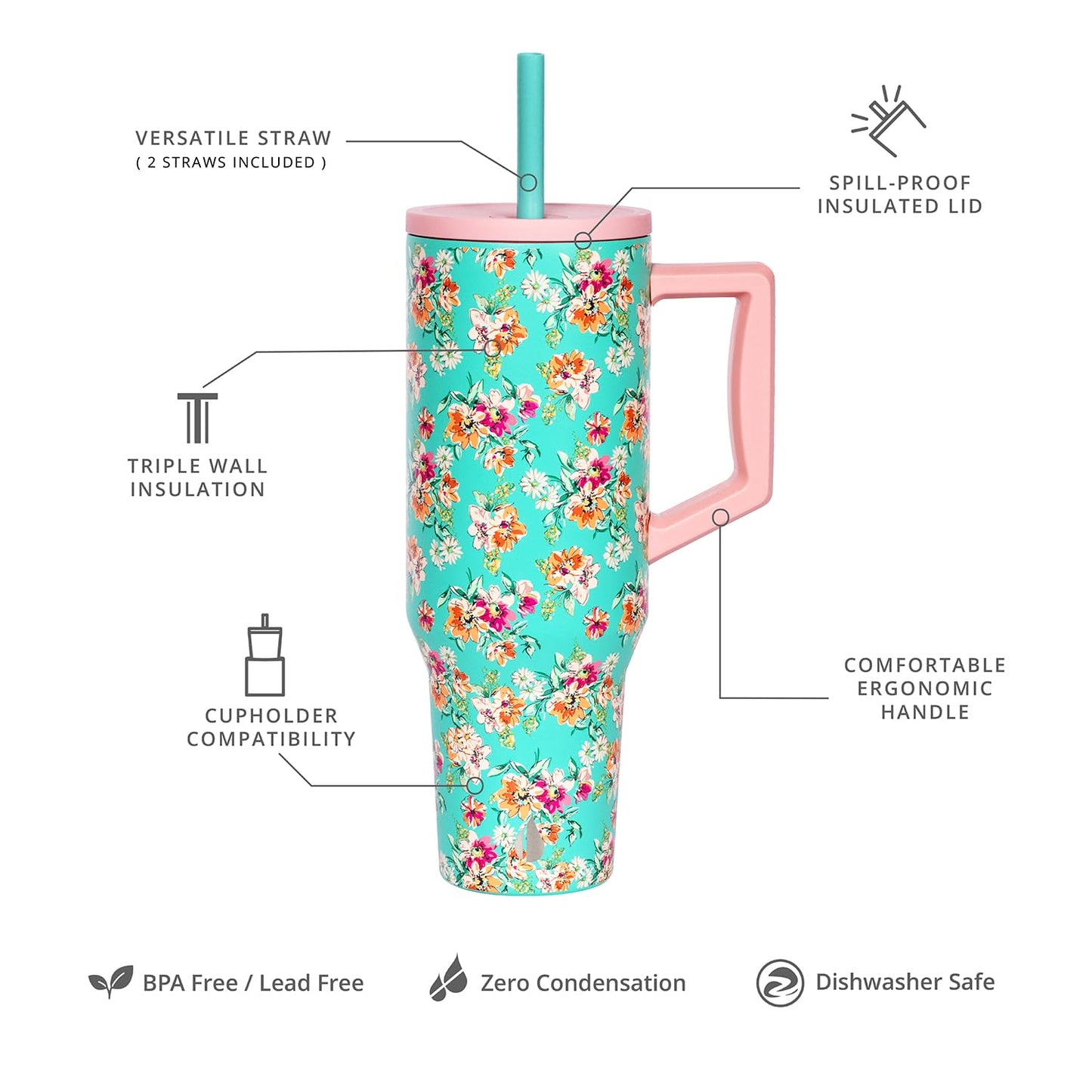 Elemental 40 oz Tumbler with Handle and Straw - Spill Proof Insulated Stainless Steel Commuter for Hot and Cold Beverages - Travel Coffee Mug with 2 Straws & Spill Proof Lid - 40oz - Vintage Flower