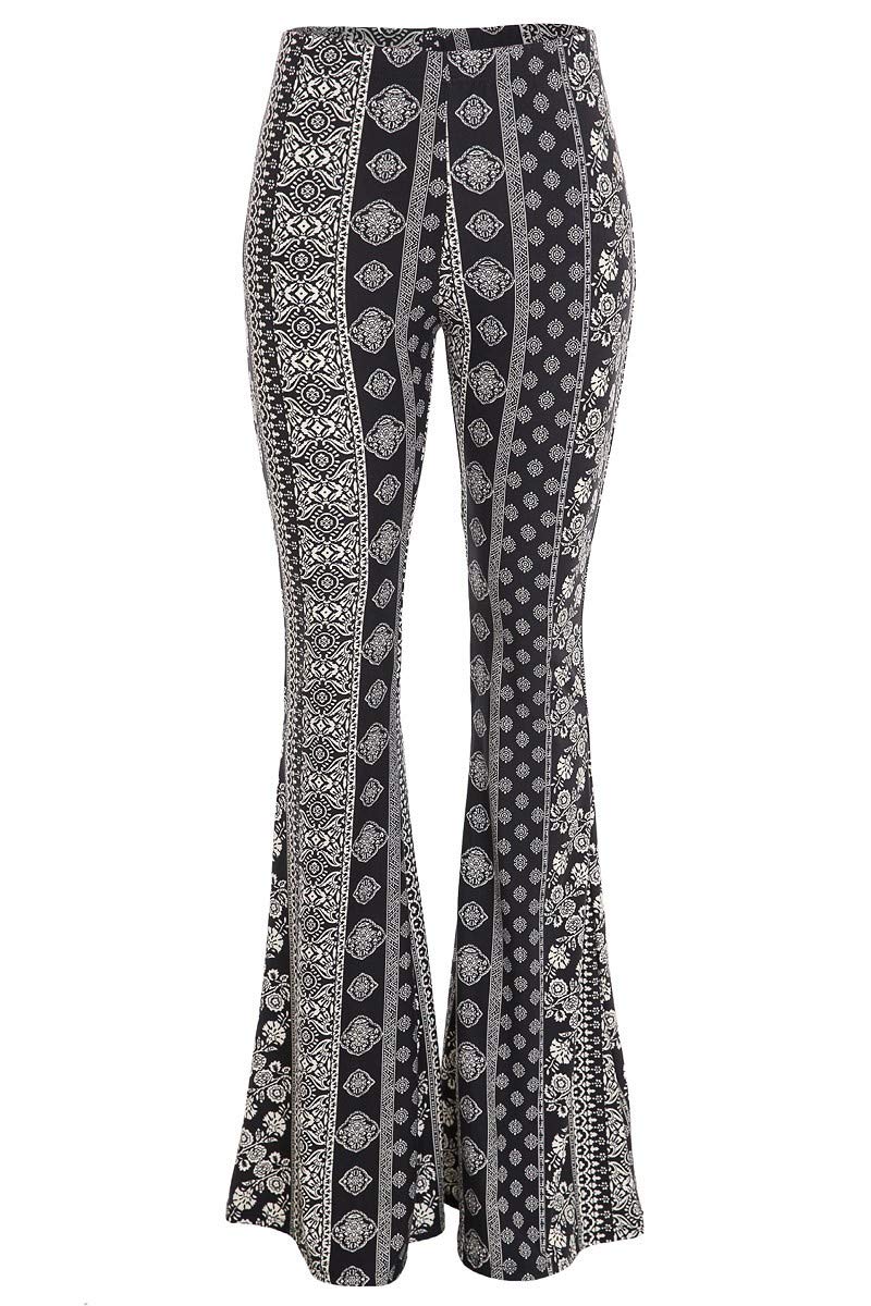 2Chique Boutique Women's Boho Print Brushed Knit Bell Bottoms Color Black and Taupe (Small)