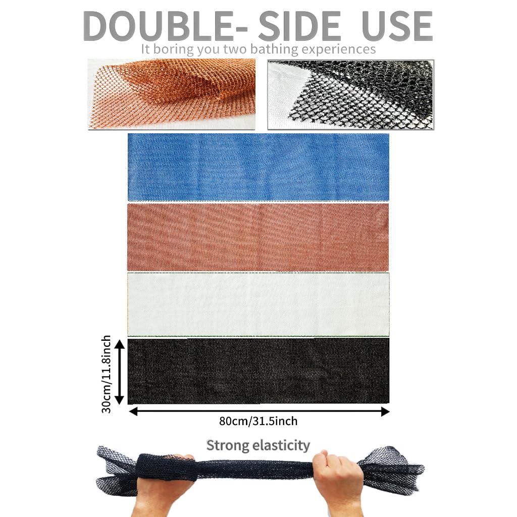 SPMKTBOZAI African Exfoliating Net, 4 Pieces African Net Sponge, Nylon African Bath Sponge Net, African Net Long Net Bath Sponge Shower Body Scrubber(Black, White, Brown, Blue)