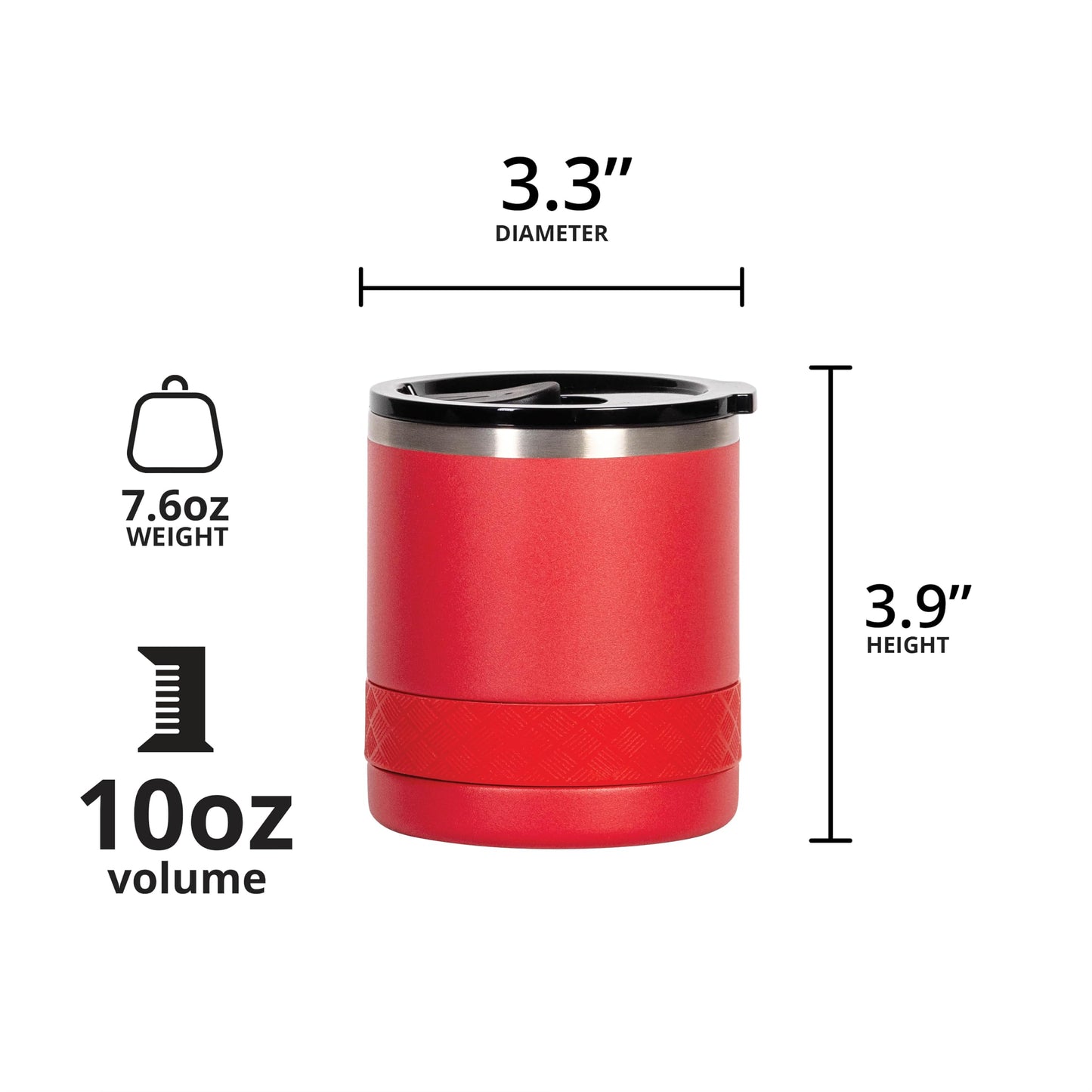 Elemental Recess Lowball Tumbler, 10oz Triple Wall Stainless Steel Cup with Non-Shattered Tritan Lid, Insulated Whiskey Glass, Insulated Coffee Tumbler Mug for Hot & Cold Drinks - Red