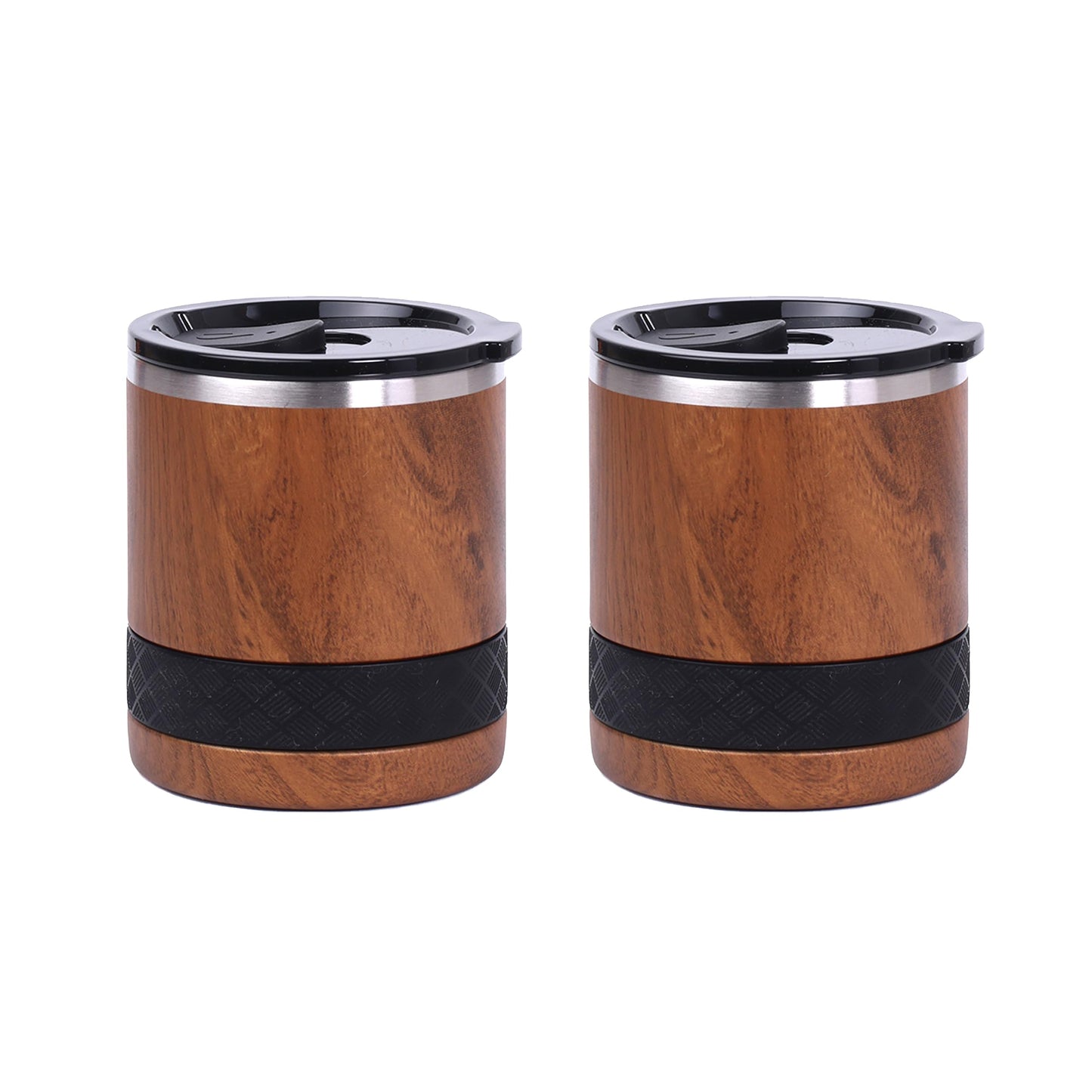 Elemental Recess Lowball Tumbler Set of 2, 10oz Triple Wall Stainless Steel Cup with Non-Shattered Tritan Lid, Insulated Whiskey Glass, Insulated Coffee Tumbler Mug for Hot & Cold Drinks - Teakwood